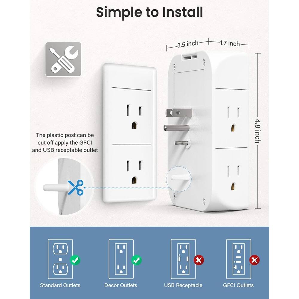 Simple to Install

The plastic post can be cut off to apply the GFCI and USB receptacle outlet

3.5 inch x 1.7 inch

4.8 inch

Standard Outlets ✔️  
Decor Outlets ✔️  
USB Receptacle ❌  
GFCI Outlets ❌