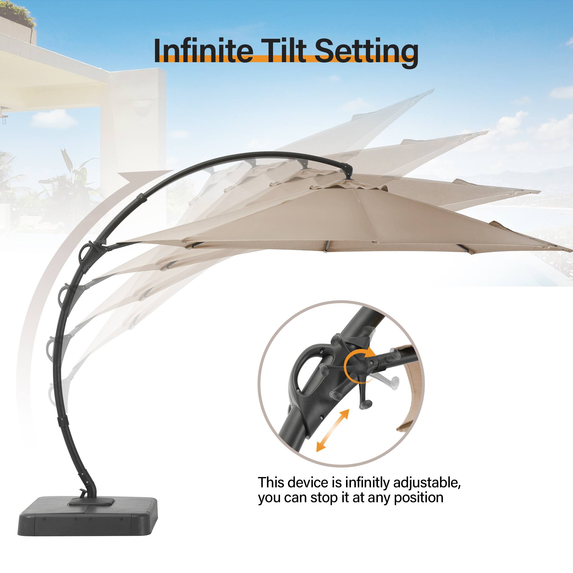 Infinite Tilt Setting

This device is infinitely adjustable, you can stop it at any position