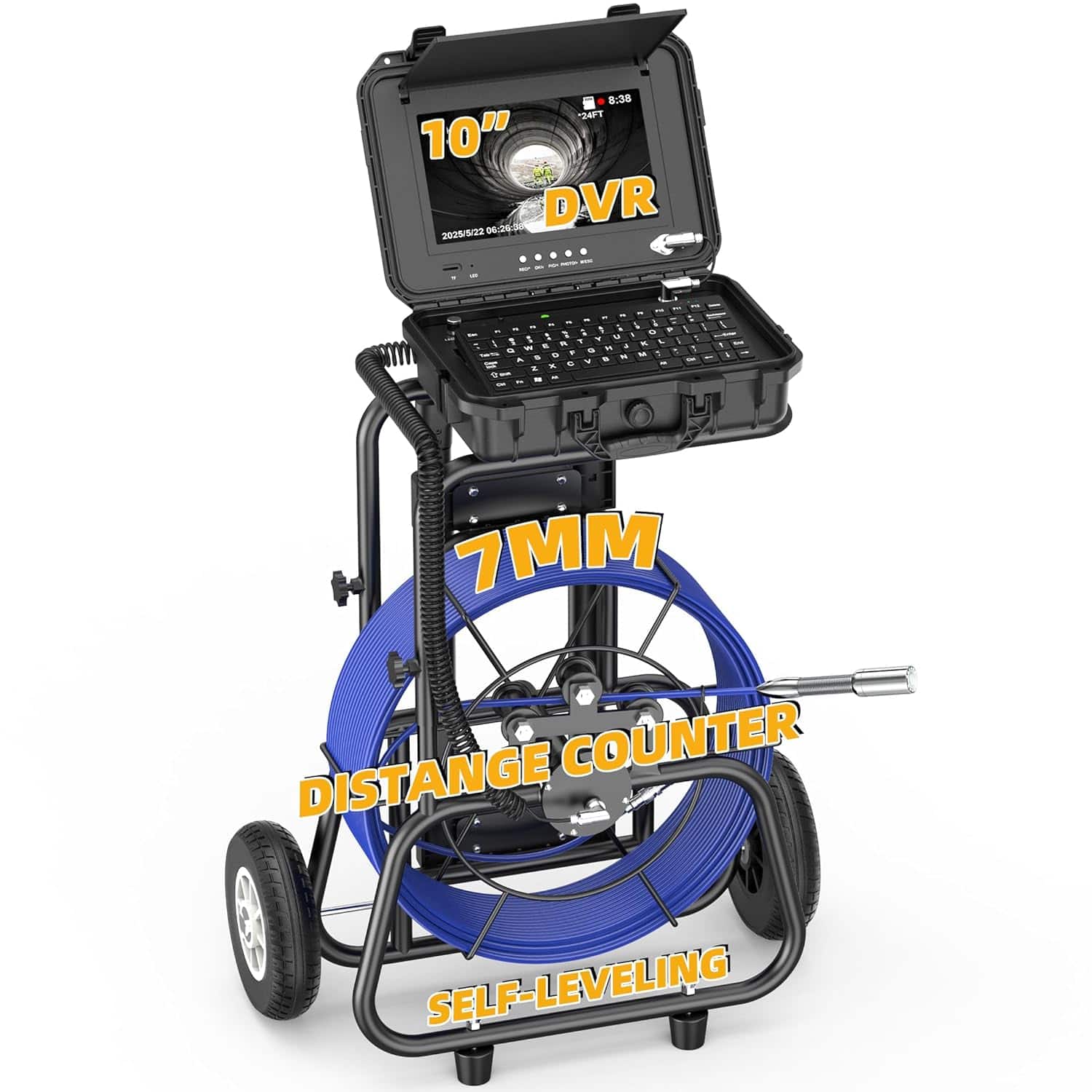 Aukfa - Sewer Camera - 10" HD Borescope with Self-Leveling, IP68, 200Ft 7MM Cable, DVR, 32GB