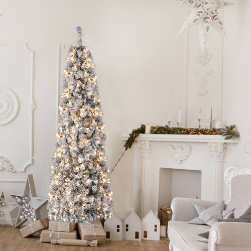 Alt View 7. Winado - 7.5FT Pre-lit Pencil Christmas Tree Snow Flocked Artificial with Lights, Branch Tips, Base for Indoor Holiday Decoration - Green.