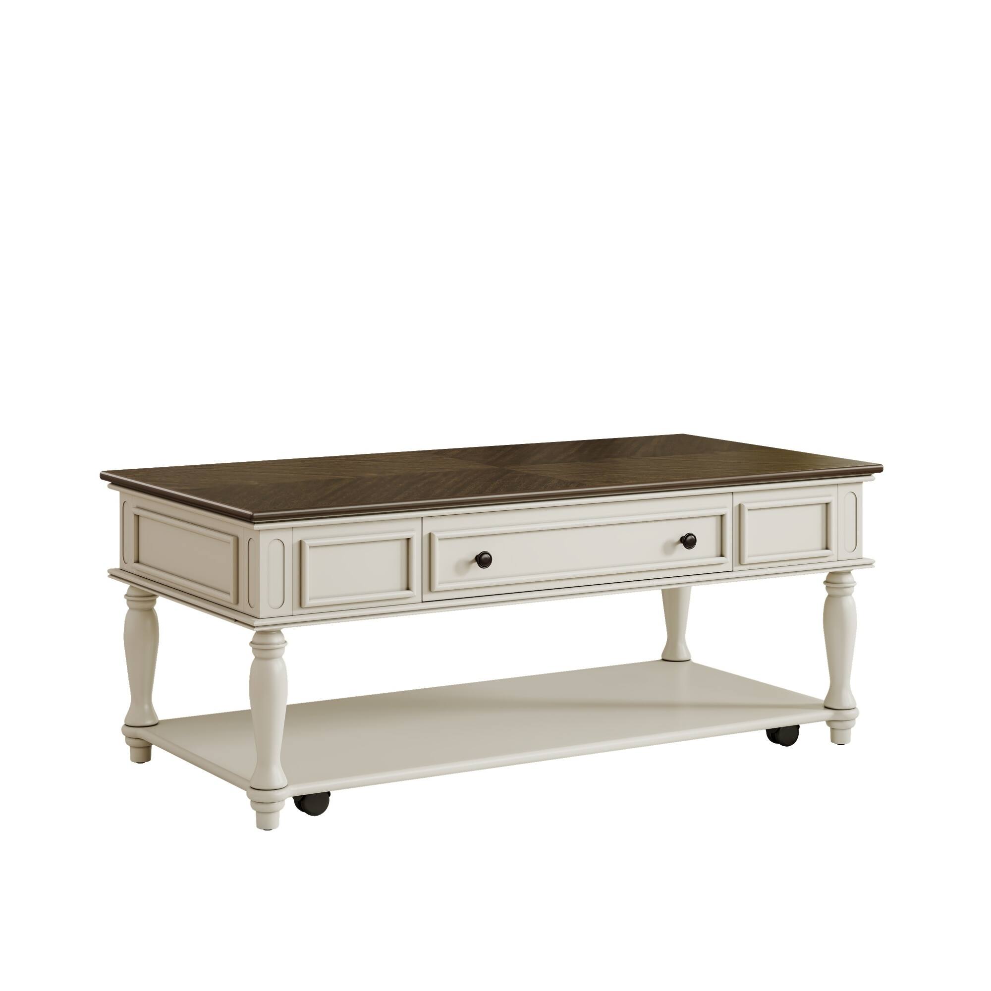 Alt View 5. Tiramisubest - Farmhouse Coffee Table with One Drawer,Retro Movable Rectangular Center Table with Lockable Wheels,Grey+White - Grey+White.