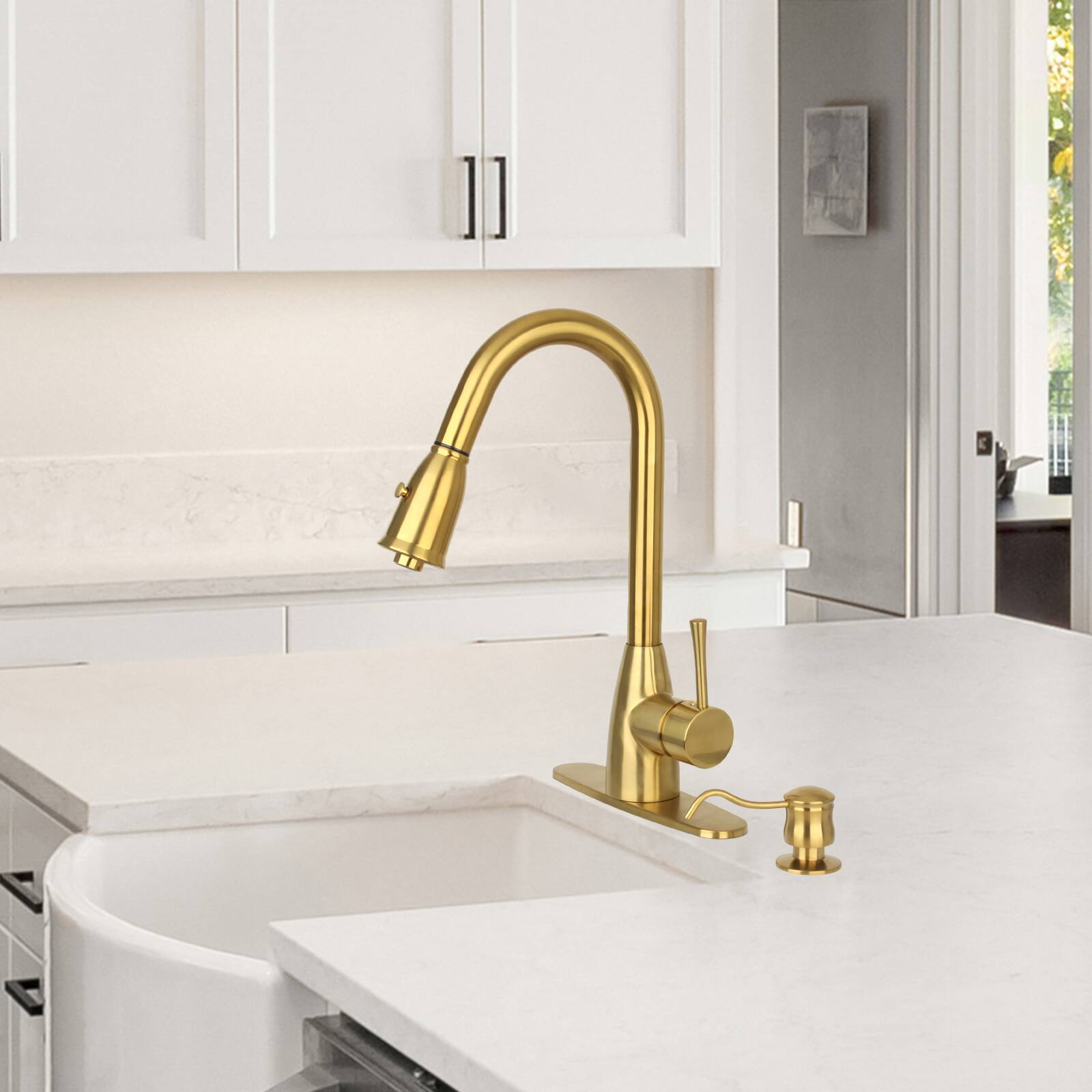 Alt View 7. Akicon - Akicon One-Handle Solid Brass Kitchen Faucet with Pull Down Sprayer in Brushed Gold - Brushed Gold.