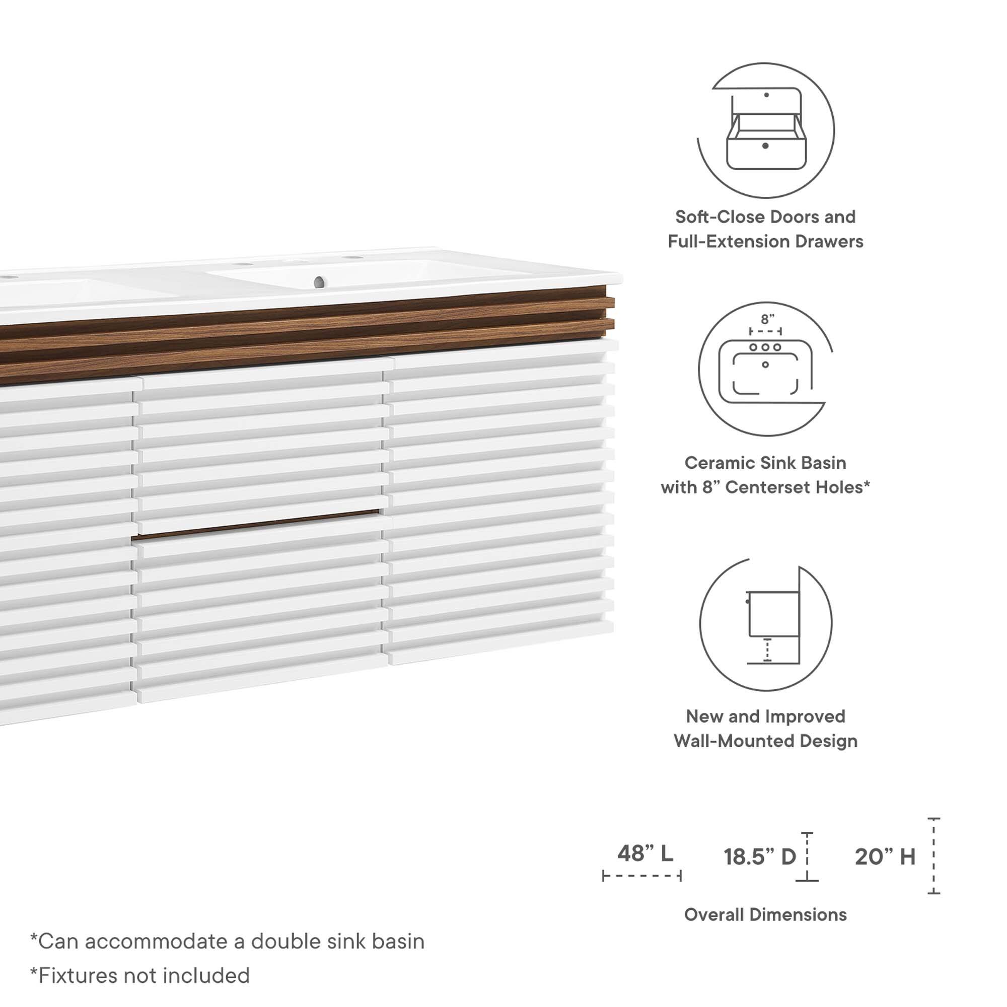 Soft-Close Doors and Full-Extension Drawers  
Ceramic Sink Basin with 8" Centerset Holes*  
New and Improved Wall-Mounted Design  

Overall Dimensions:  
48" L x 18.5" D x 20" H  

*Can accommodate a double sink basin  
*Fixtures not included