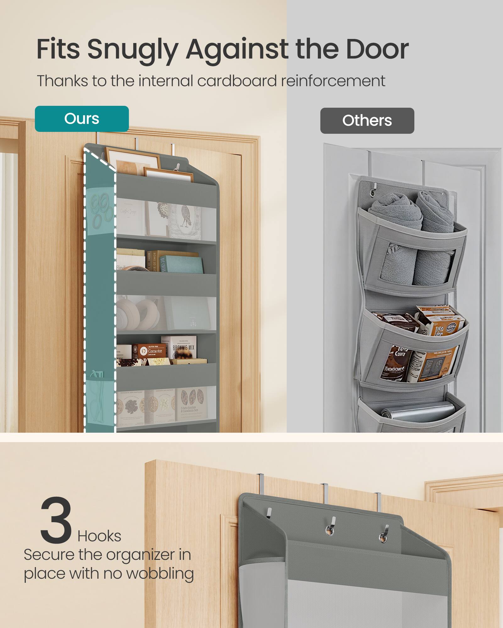 Fits Snugly Against the Door Thanks to the internal cardboard reinforcement

Ours

Others

3 Hooks Secure the organizer in place with no wobbling