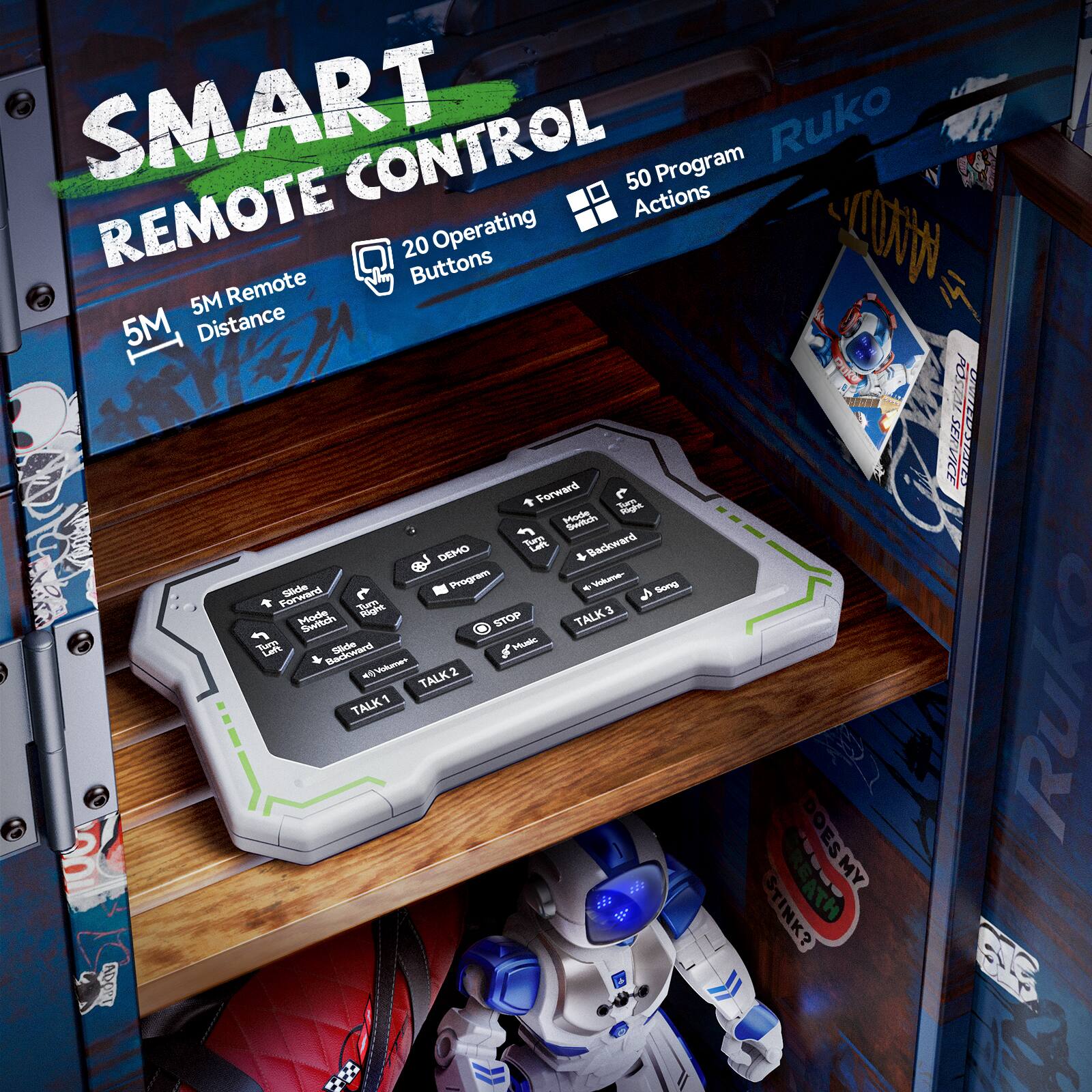 SMART CONTROL  
REMOTE  
50 Program Actions  
20 Operating Buttons  
5M Remote Distance  

Ruko  

DEMO  
Program  
STOP  
Music  
Forward  
Slide  
Backward  
Volume  
Song  
TALK 1  
TALK 2  
TALK 3  

DOES MY RUKO STINK?