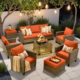 Ovios - 8 PCS Patio Furniture, 3 Seat Wicker Sofa with Armchairs, Ottomans and Coffee Table for Porch - Orange Red