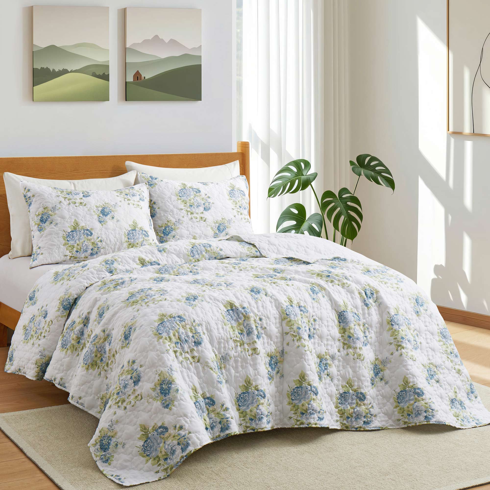 Angle. Nest - Peace Nest Soft Printed Coverlet Set Floral Geometric Bedspread Modern Reversible Quilt and Shams Set - Summer Field.