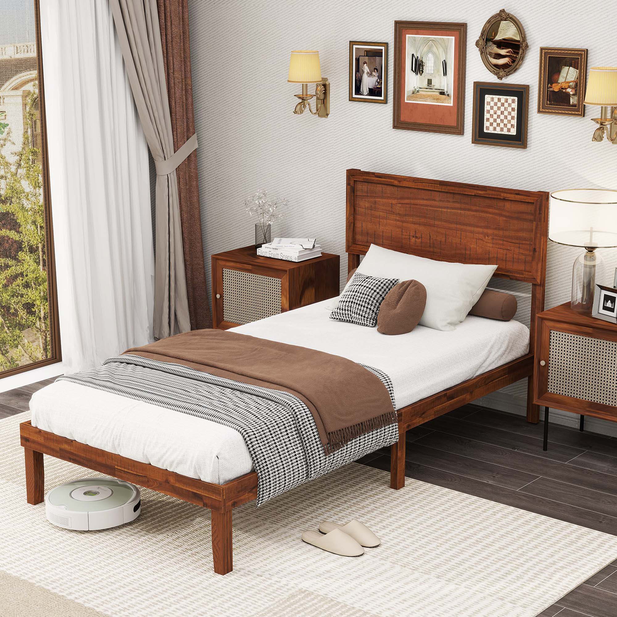 Alt View 1. Gymax - Gymax Twin Bed Frame w/ Rustic Headboard Under-bed Storage Space No Box Spring Needed - Walnut.