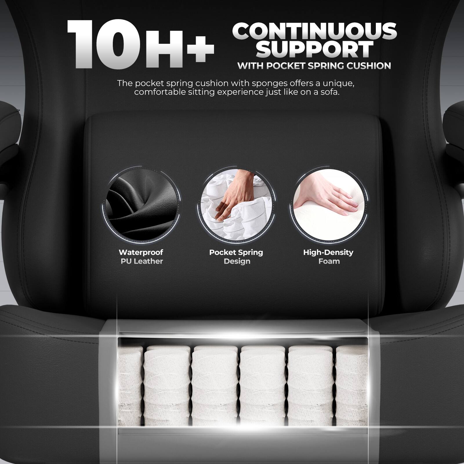 10H+  
CONTINUOUS SUPPORT  
WITH POCKET SPRING CUSHION  
The pocket spring cushion with sponges offers a unique, comfortable sitting experience just like on a sofa.  

Waterproof PU Leather  
Pocket Spring Design  
High-Density Foam