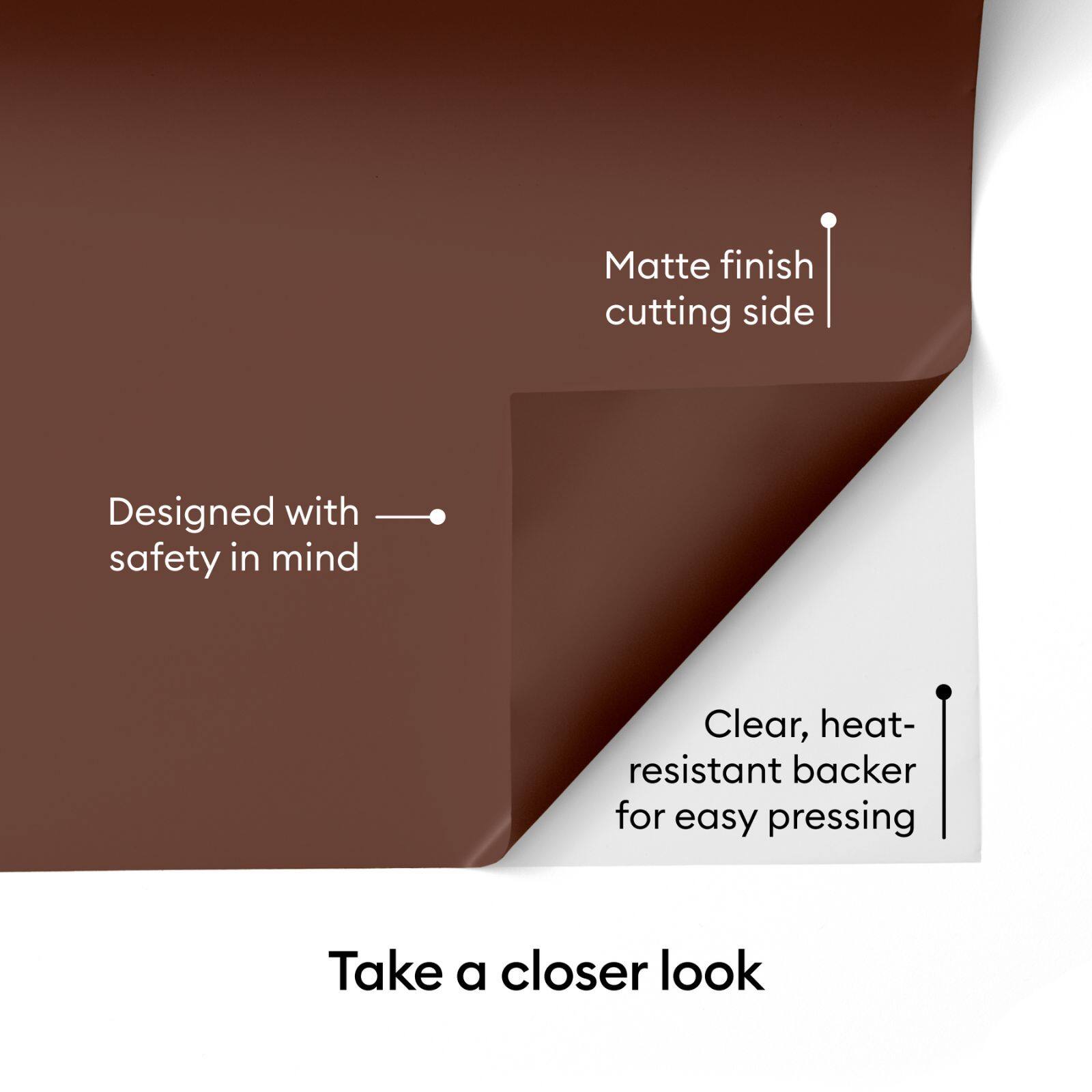 Matte finish cutting side  
Designed with safety in mind  
Clear, heat-resistant backer for easy pressing  

Take a closer look