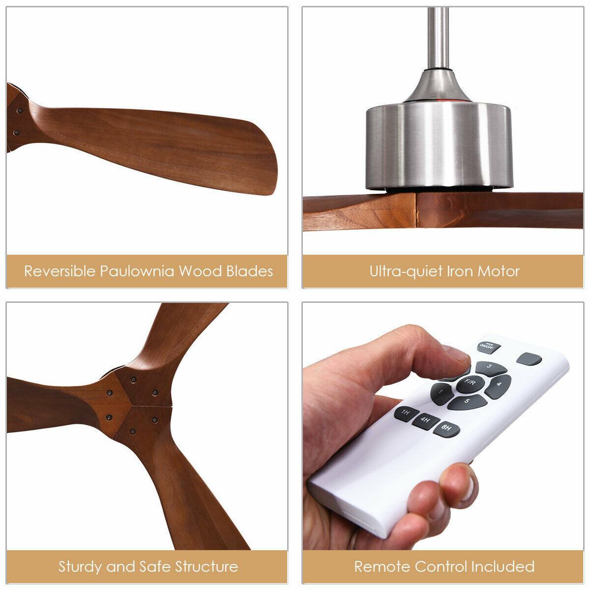 Reversible Paulownia Wood Blades  
Ultra-quiet Iron Motor  
Sturdy and Safe Structure  
Remote Control Included