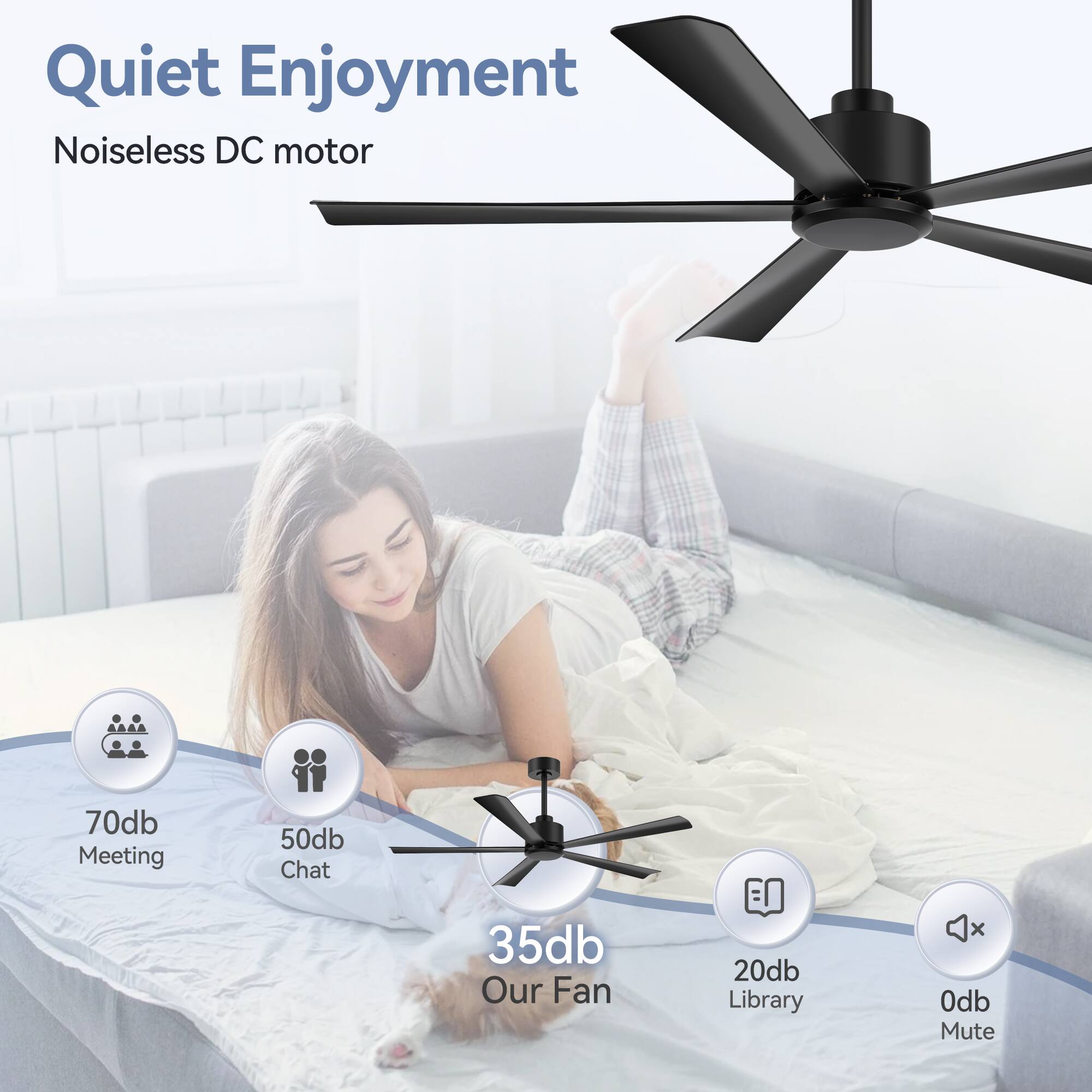 Quiet Enjoyment, Noiseless DC motor, 70db Meeting, 50db Chat, 35db Our Fan, 20db Library, 0db Mute
