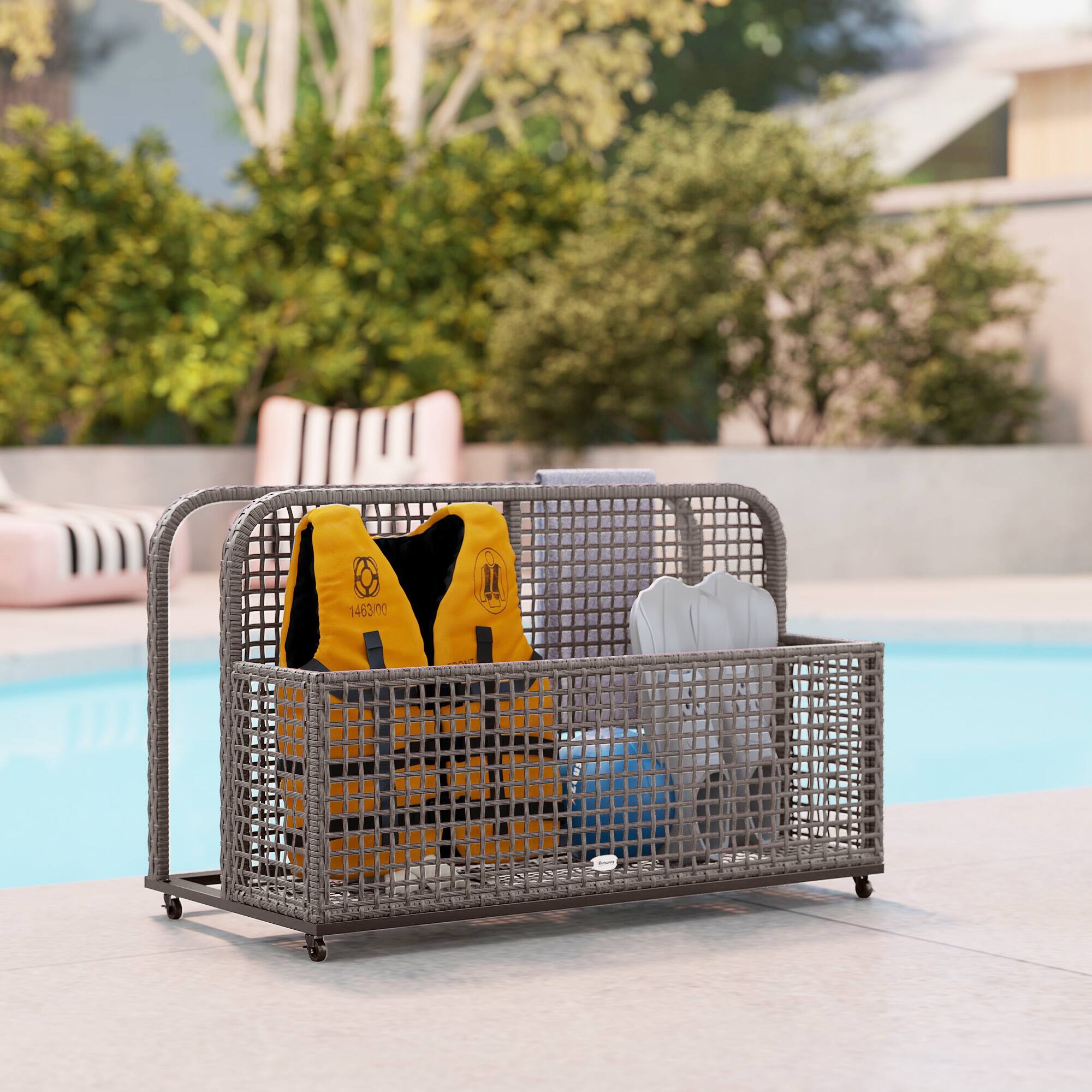 Alt View 8. Outsunny - Patio Wicker Pool Float Storage with Wheels, Outdoor Rolling PE Rattan Pool Caddy, Includes Compartment and Basket - Light Gray.
