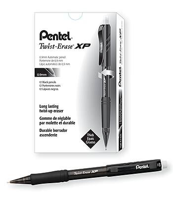 Pentel Twist-Brase XP  
0.5mm Automatic Pencil  
Lápiz automático de 0.5 mm  
12 Black pencils  
12 Lápices negros  
12 Pencils noirs  
Long lasting twist-up eraser  
Gomme de réglable et durable  
Durable borrador ascendente  
Thick  
Epais  
Grueso  
Twint-Eraser XP  
Pentel IS