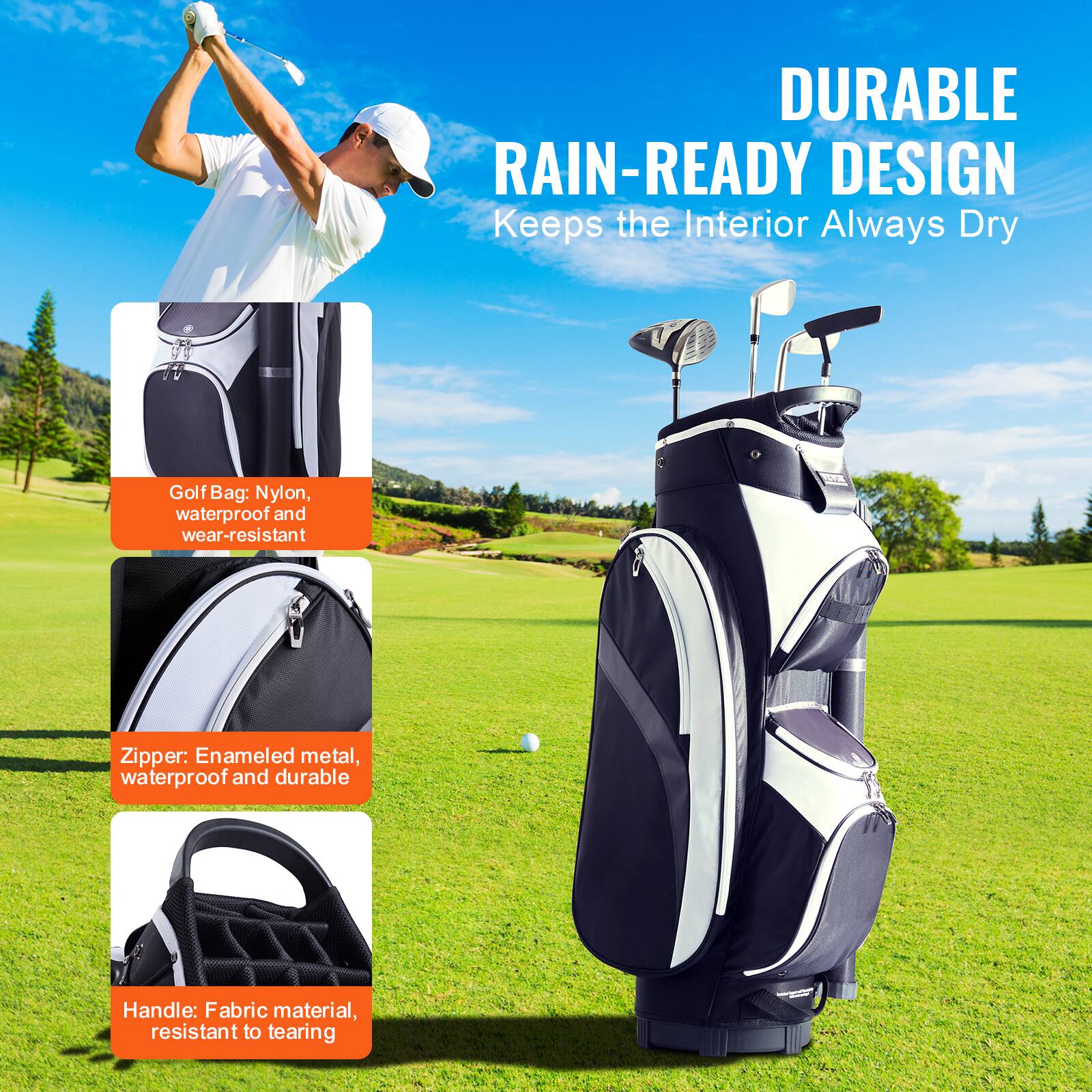 DURABLE RAIN-READY DESIGN  
Keeps the Interior Always Dry  

Golf Bag: Nylon, waterproof and wear-resistant  

Zipper: Enamel metal, waterproof and durable  

Handle: Fabric material, resistant to tearing