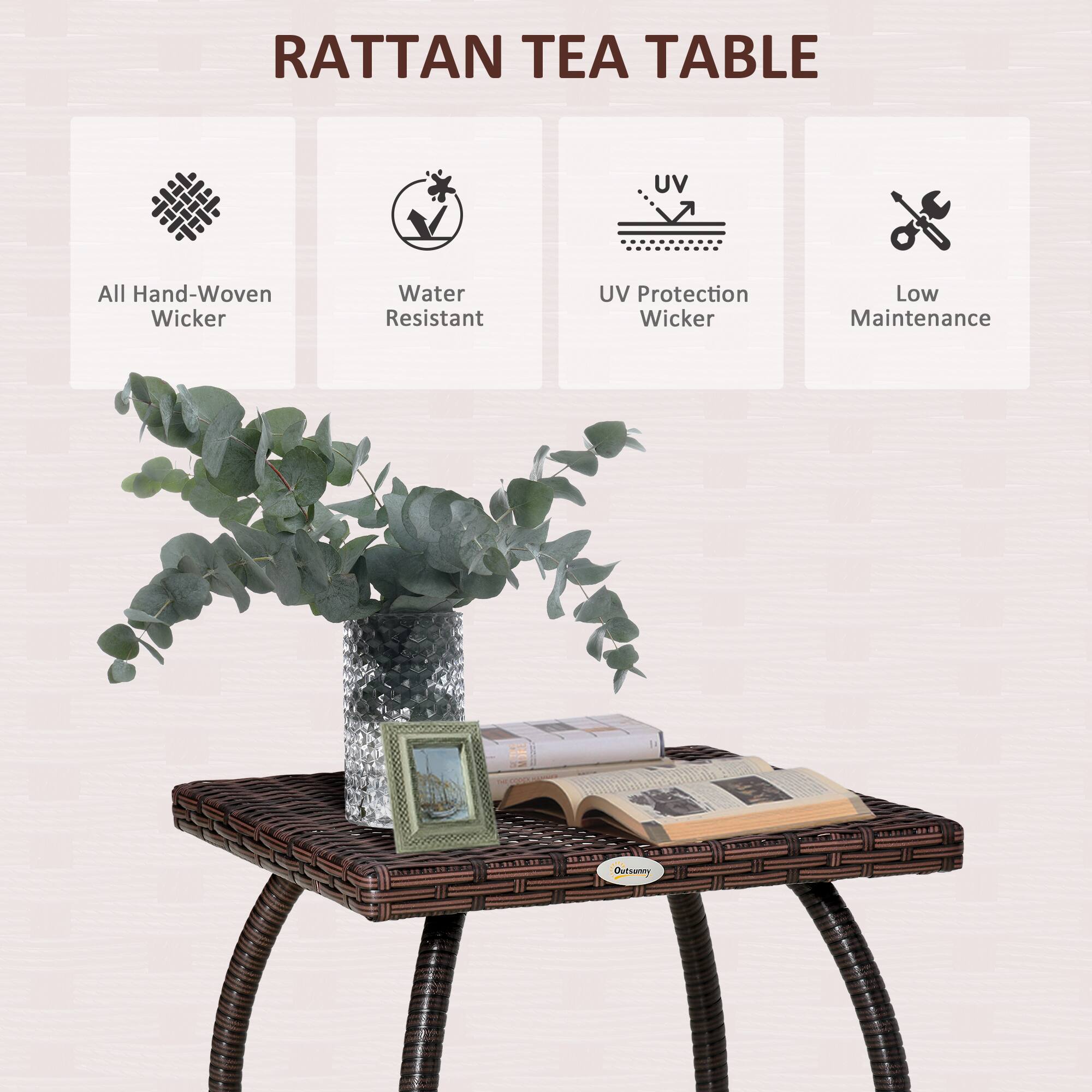 RATTAN TEA TABLE, All Hand-Woven Wicker, Water Resistant, UV Protection Wicker, Low Maintenance, Outsaney