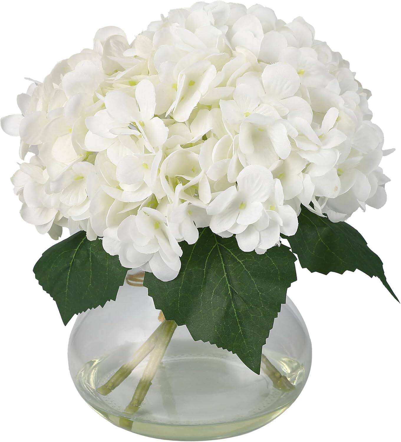 Homhougo- Faux Hydrangea Flowers in Glass Vase, Silk Arrangement with Faux Water for Home Table Office Wedding Party Decor- White