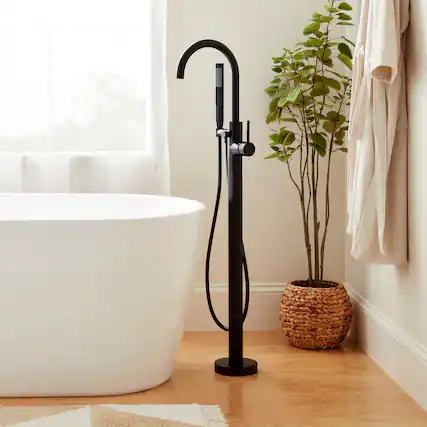 Front. Sweet - Freestanding Bathtub Faucet, Floor Mount Tub Filler with 360 Swivel Gooseneck Spout and Handheld Shower - Matte Black.