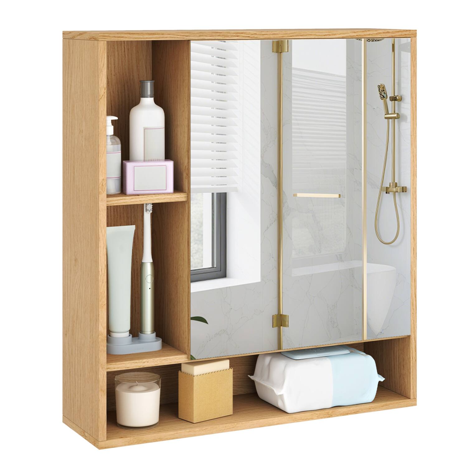 Left. WELLFOR - Wall-Mounted Bathroom Cabinet with Mirror Door, Adjustable Shelf and Open Storage - Natural.