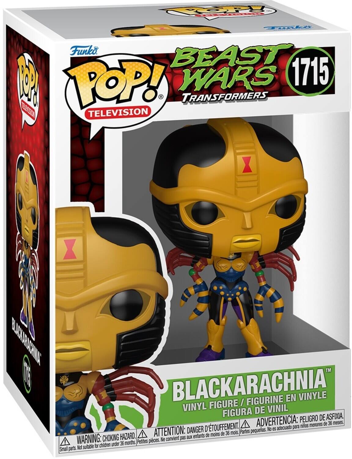 Sure, here is the corrected and grouped text from the image:

---

**Funko POP! TELEVISION**

**BEAST WARS TRANSFORMERS**

**1715**

**BLACKARACHNIA™**

**VINYL FIGURE / FIGURINE EN VINYLE / FIGURA DE VINIL**

**WARNING: CHOKING HAZARD. Small parts. Not suitable for children under 36 months.**

**ATTENTION: DANGER D'ÉTOUFFEMENT. Petites pièces. Ne convient pas aux enfants de moins de 36 mois.**

**ADVERTENCIA: PELIGRO DE ASFIXIA. Partes pequeñas. No es adecuado para niños menores de 36 meses.**

---

This text is organized to reflect the information on the packaging accurately.