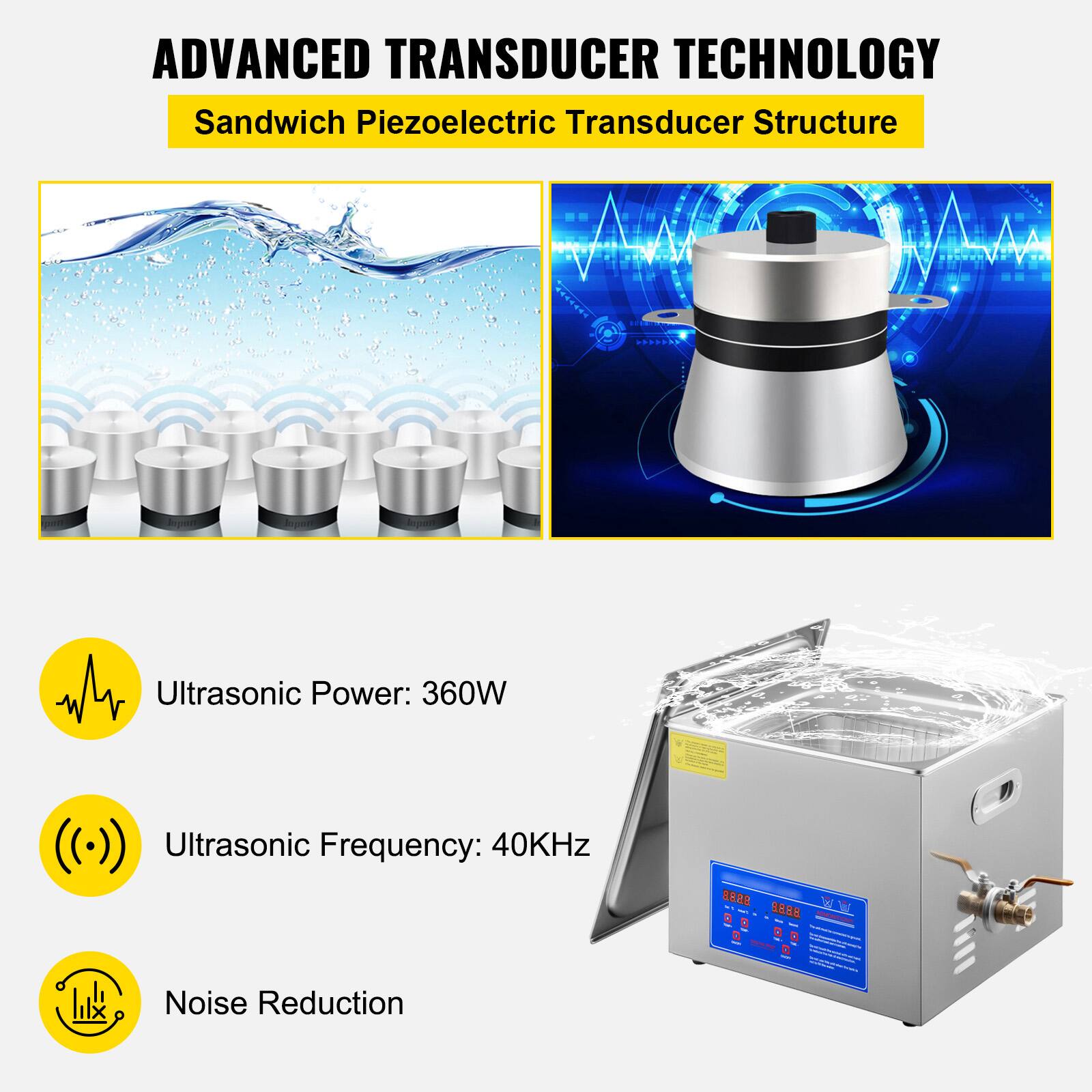 ADVANCED TRANSDUCER TECHNOLOGY  
Sandwich Piezoelectric Transducer Structure

- Ultrasonic Power: 360W
- Ultrasonic Frequency: 40KHz
- Noise Reduction