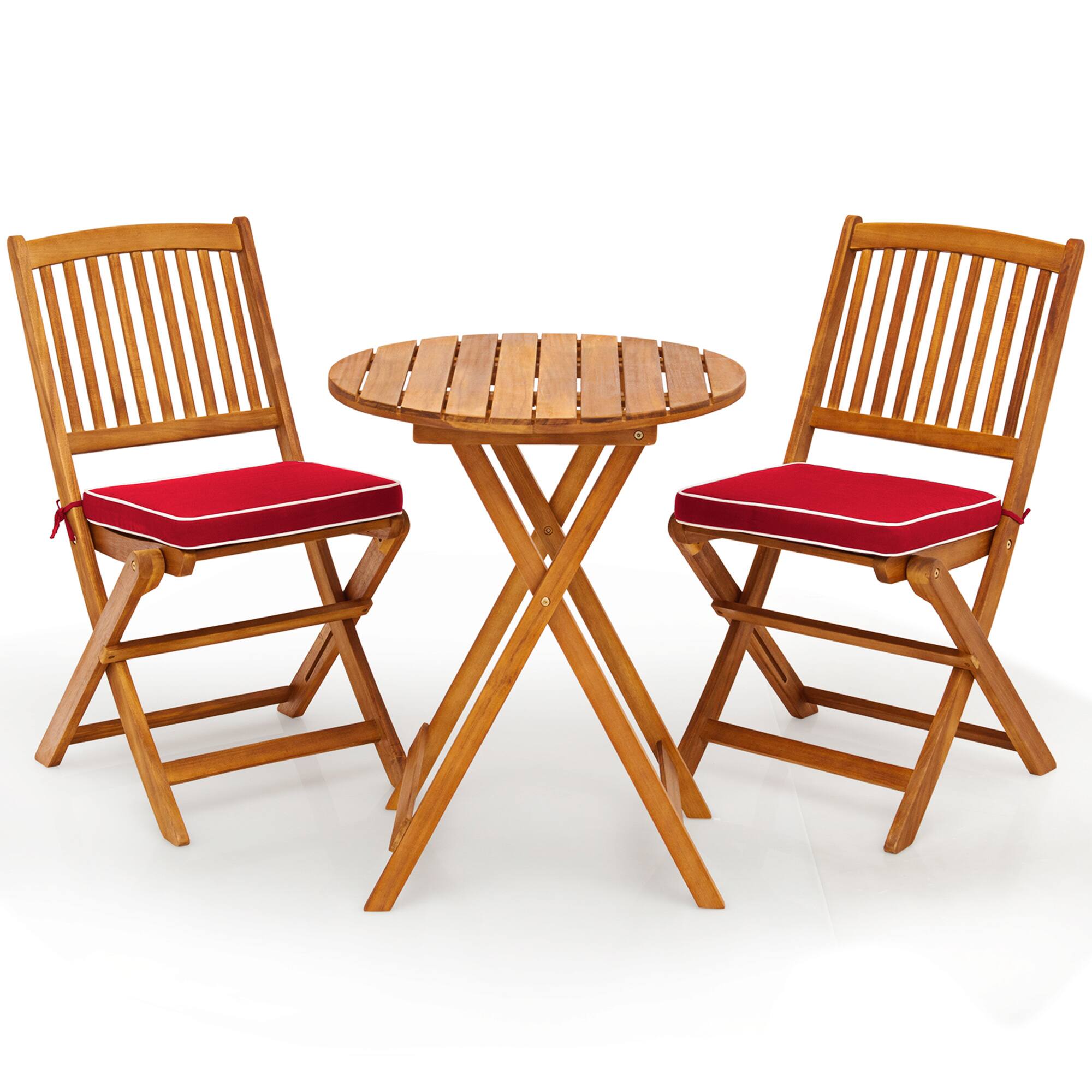 Alt View 1. Gymax - Gymax 3PCS Folding Acacia Wood Bistro Set Patio Conversation Set w/ Red Cushions - Natural Finish.