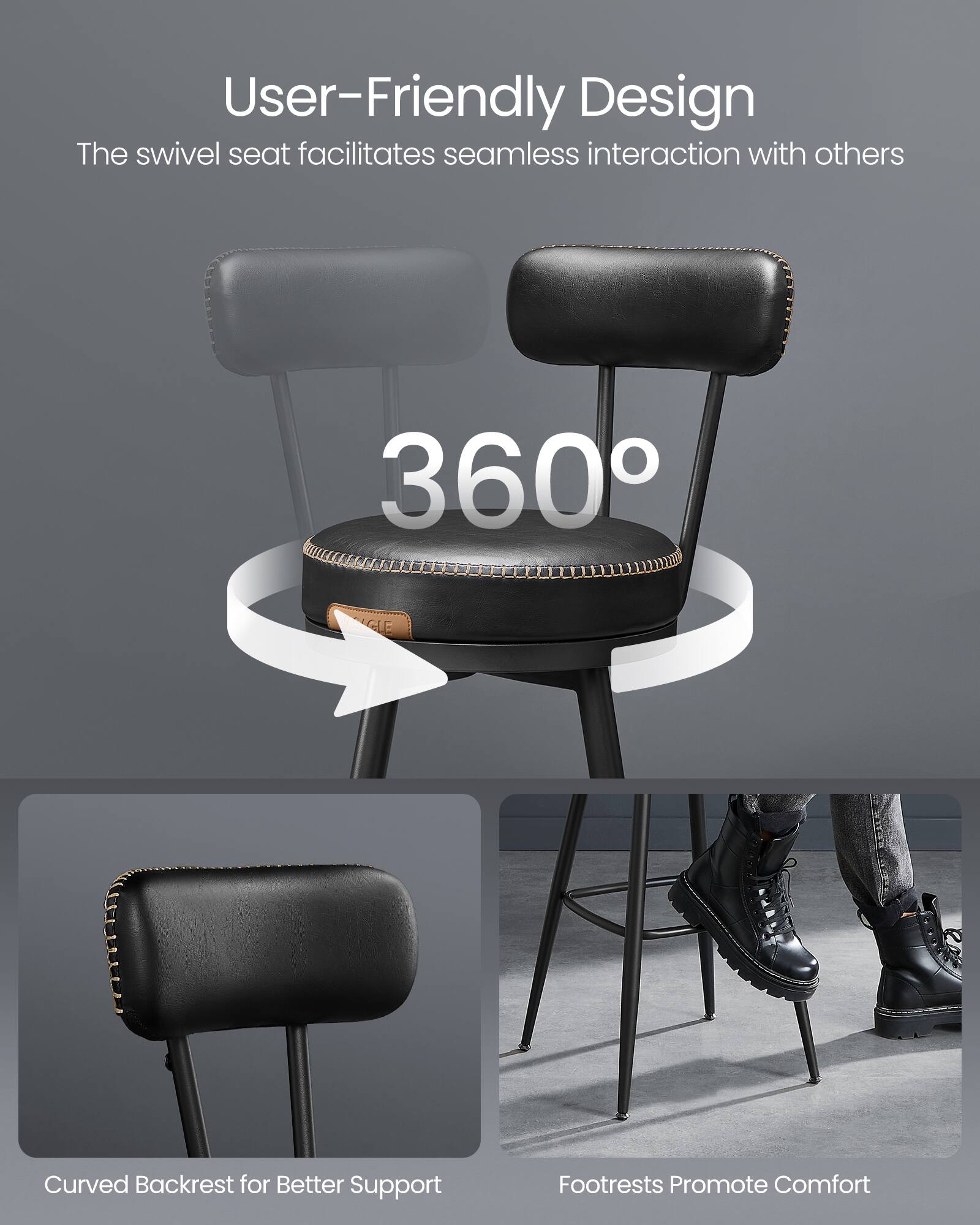 User-Friendly Design  
The swivel seat facilitates seamless interaction with others  

360°  

Curved Backrest for Better Support  

Footrests Promote Comfort