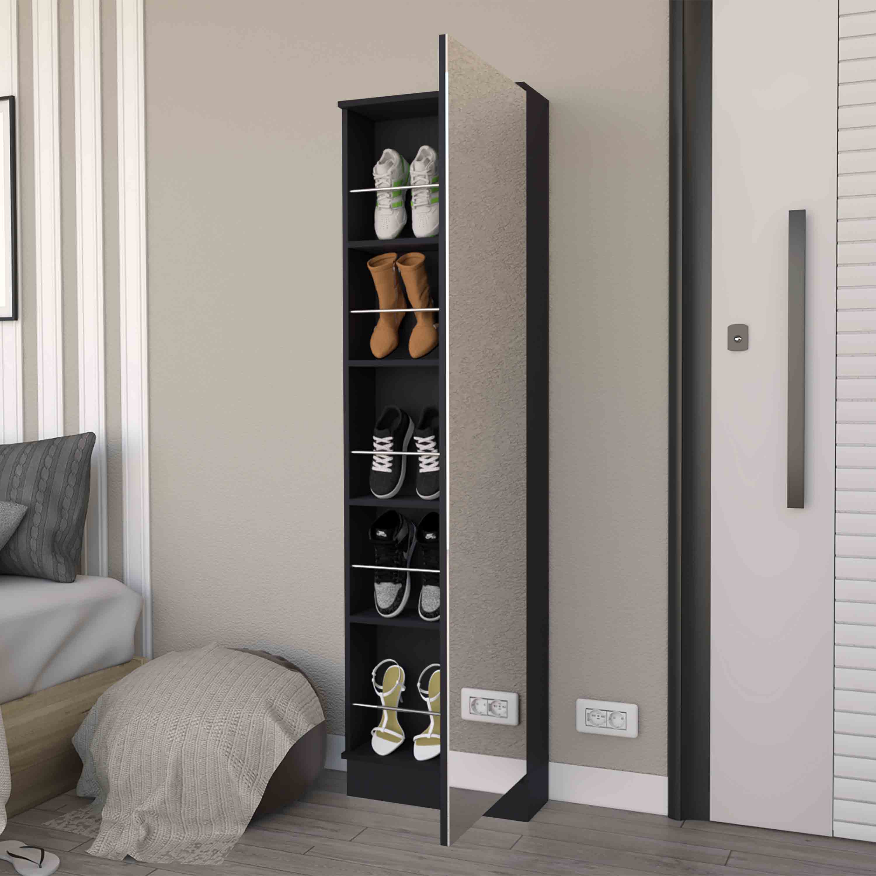 Alt View 2. APRILSOUL - Ruan XL Shoe Rack Mirror Five Interior Shelves Single Door Cabinet - Black.