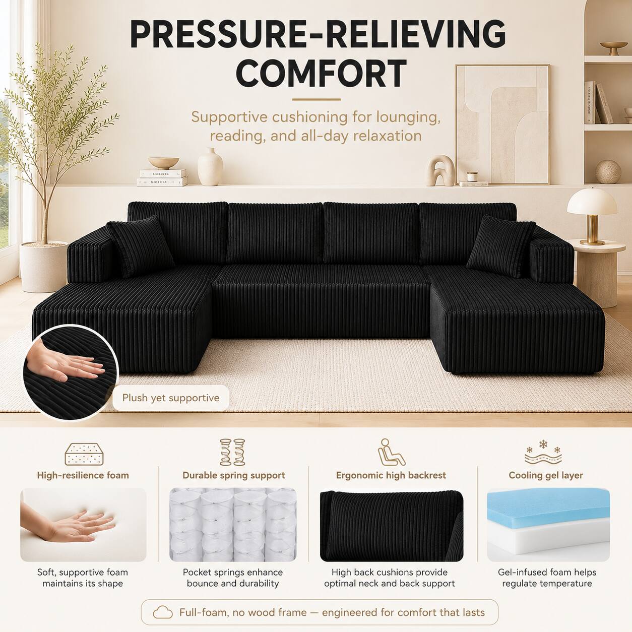 PRESSURE-RELIEVING COMFORT  
Supportive cushioning for lounging, reading, and all-day relaxation  

- Plush yet supportive  
- High-resilience foam  
- Durable spring support  
- Ergonomic high backrest  
- Cooling gel layer  

Soft, supportive foam maintains its shape  
Pocket springs enhance bounce and durability  
High back cushions provide optimal neck and back support  
Gel-infused foam helps regulate temperature  

Full-foam, no wood frame – engineered for comfort that lasts