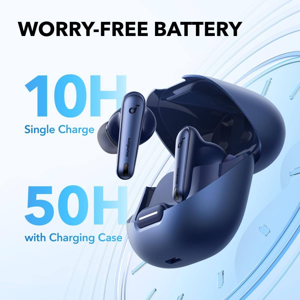 WORRY-FREE BATTERY

10H  
Single Charge

50H  
with Charging Case