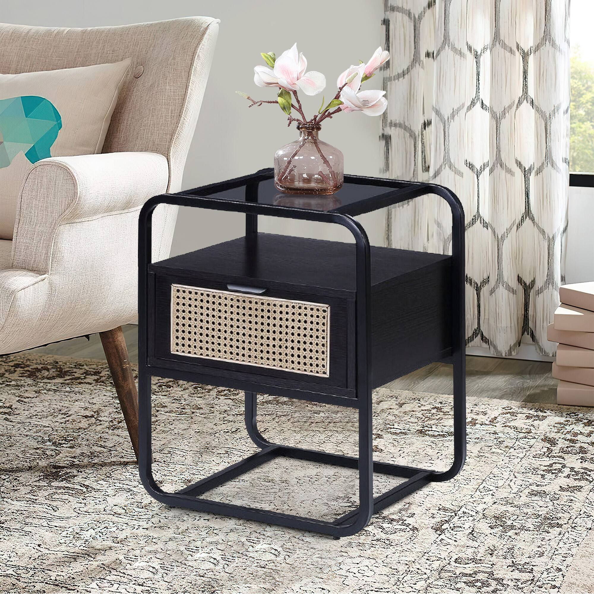 Alt View 5. Manhattan Lane - 24 Inch Wood Accent Table, Tempered Glass Table Top, Pull Out Drawer - Black.