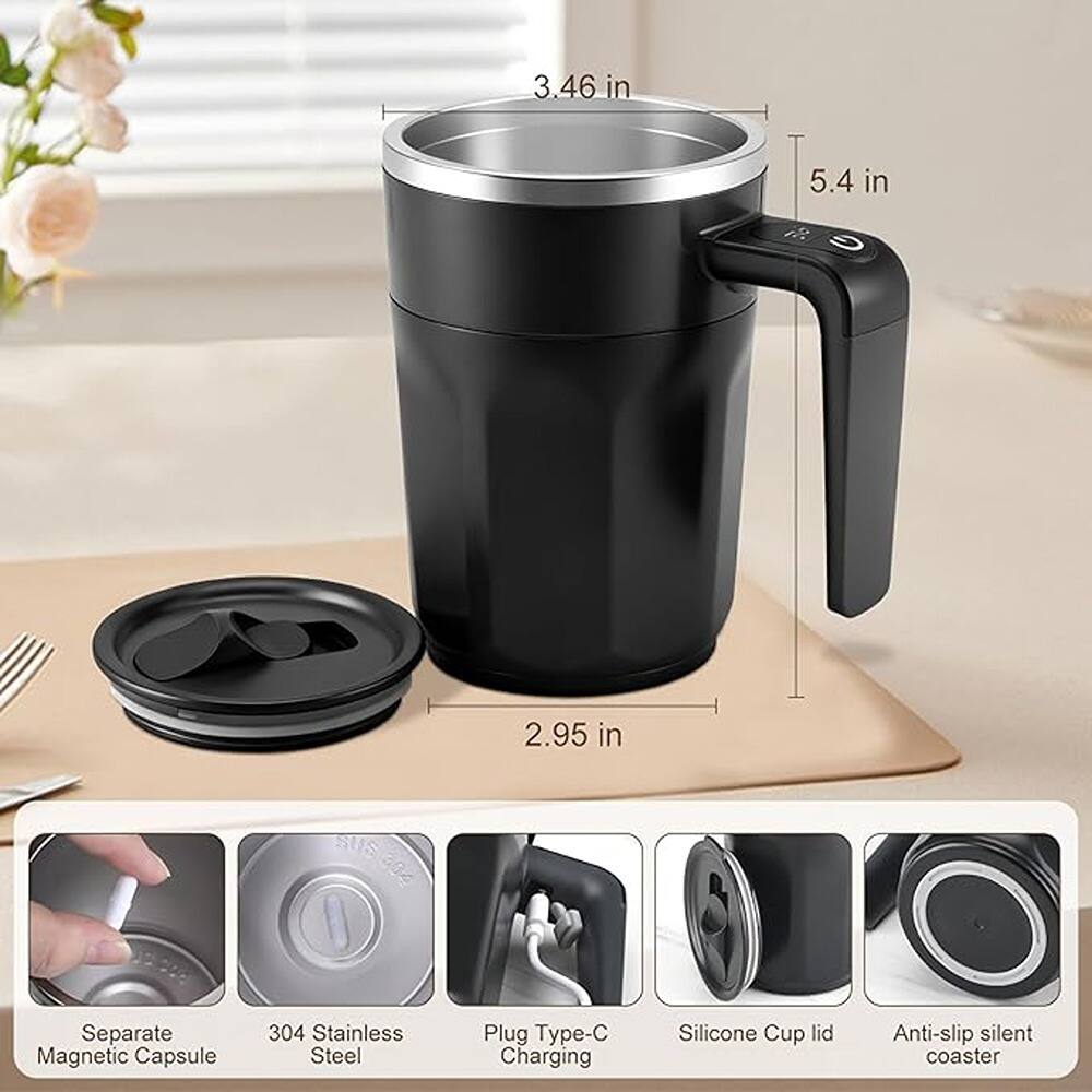 Sure, here is the corrected and grouped text:

---

**Dimensions:**
- 3.46 in
- 5.4 in
- 2.95 in

**Features:**
- Separate Magnetic Capsule
- 304 Stainless Steel
- Plug Type-C Charging
- Silicone Cup Lid
- Anti-slip Silent Coaster

---