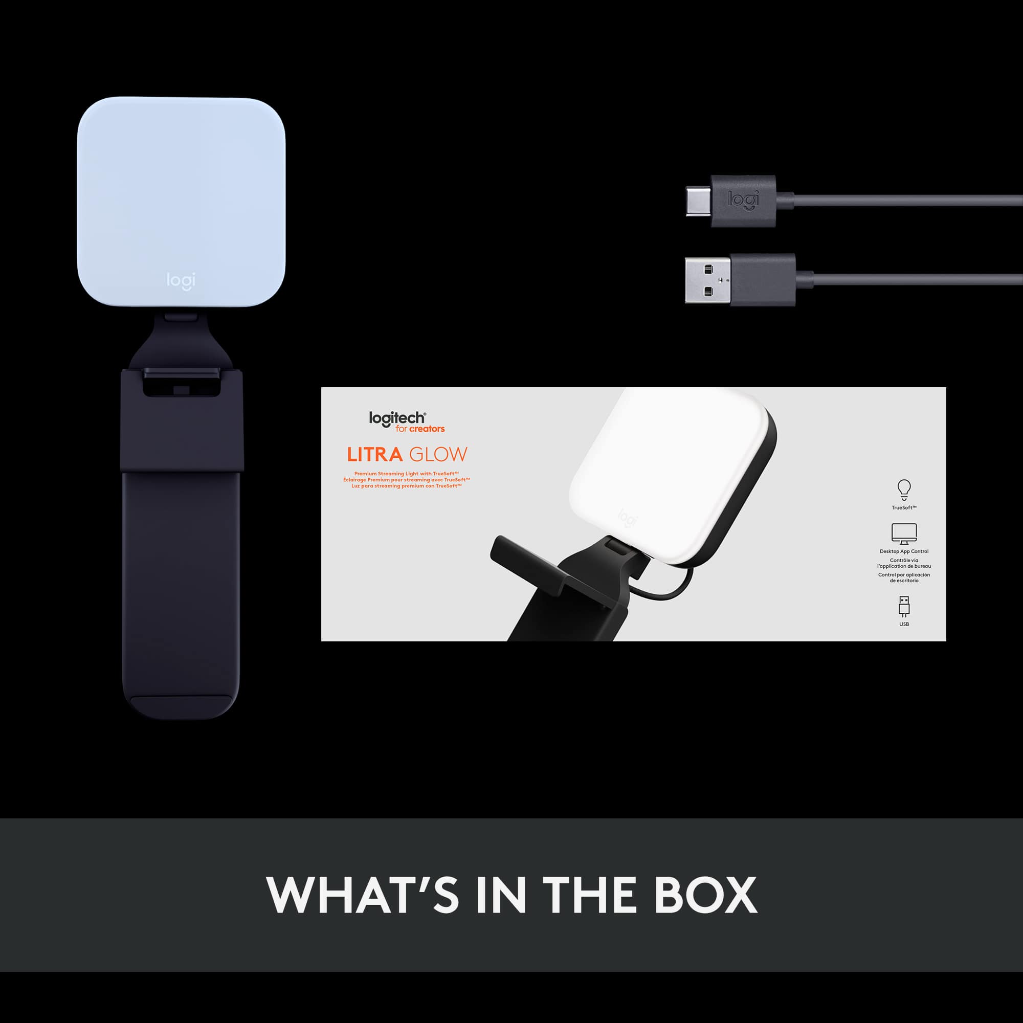 What's in the box: Logitech LITRA GLOW, Logitech LITRA GLOW - Dowr Creators, Logitech LITRA GLOW - Adidas Edition, Logitech LITRA GLOW - Black Edition, Logitech LITRA GLOW - White Edition.