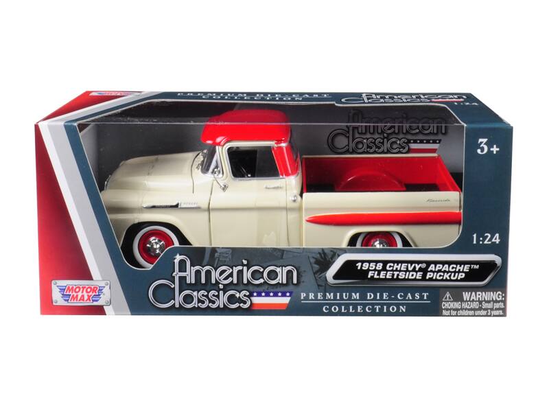 American Classics  
Premium Die-Cast Collection  

MOTOR MAX  
1:24  
1958 CHEVY APACHE™ FLEET SIDE PICKUP  

WARNING: CHOKING HAZARD - Small parts. Not for children under 3 years.  

3+