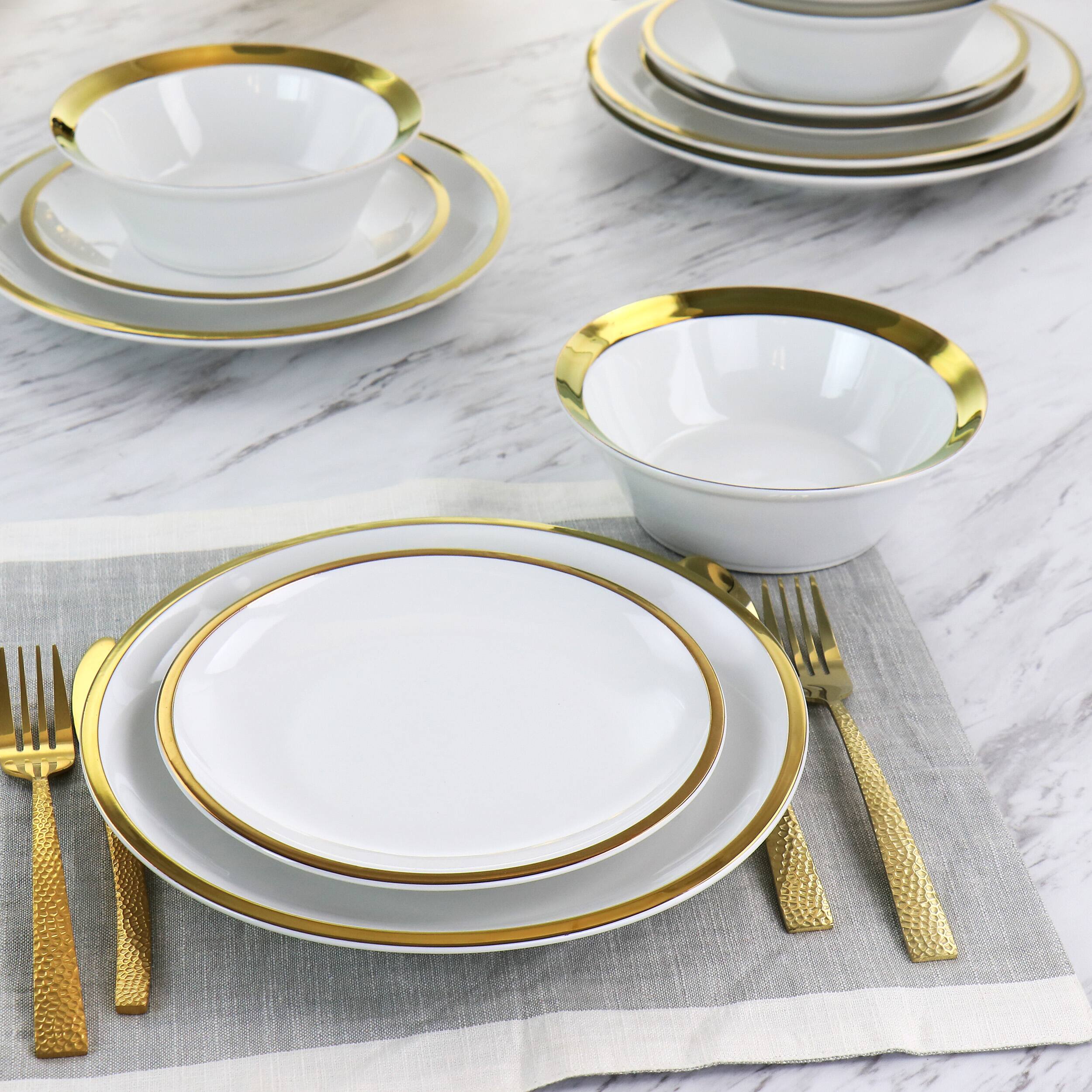 Alt View 6. Gibson - Gibson Home Premier Gold Fine Ceramic 12 Piece Dinnerware Set - White/Gold.
