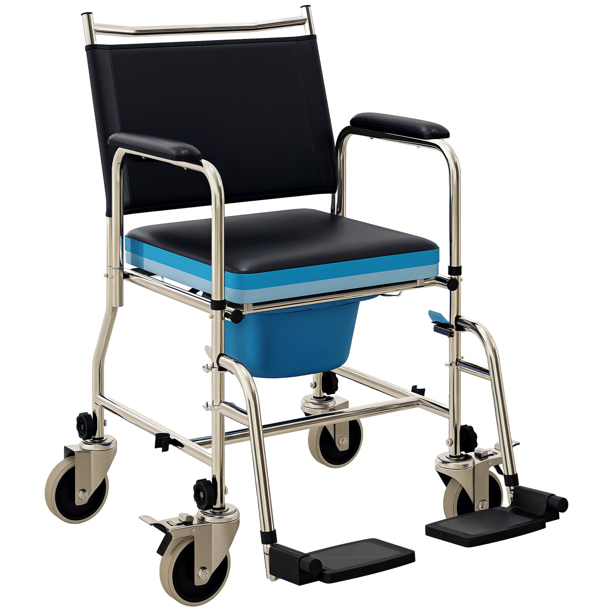 Front. Homcom - Rolling Commode & Shower Chair with Wheels, 3 in 1 Bedside Commode Chair with Padded Seat, Backrest, for Handicap - Black.