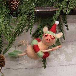 Angle. BreeBe - Beach Pig Felted Ornament - Light PInk, Red, Green.
