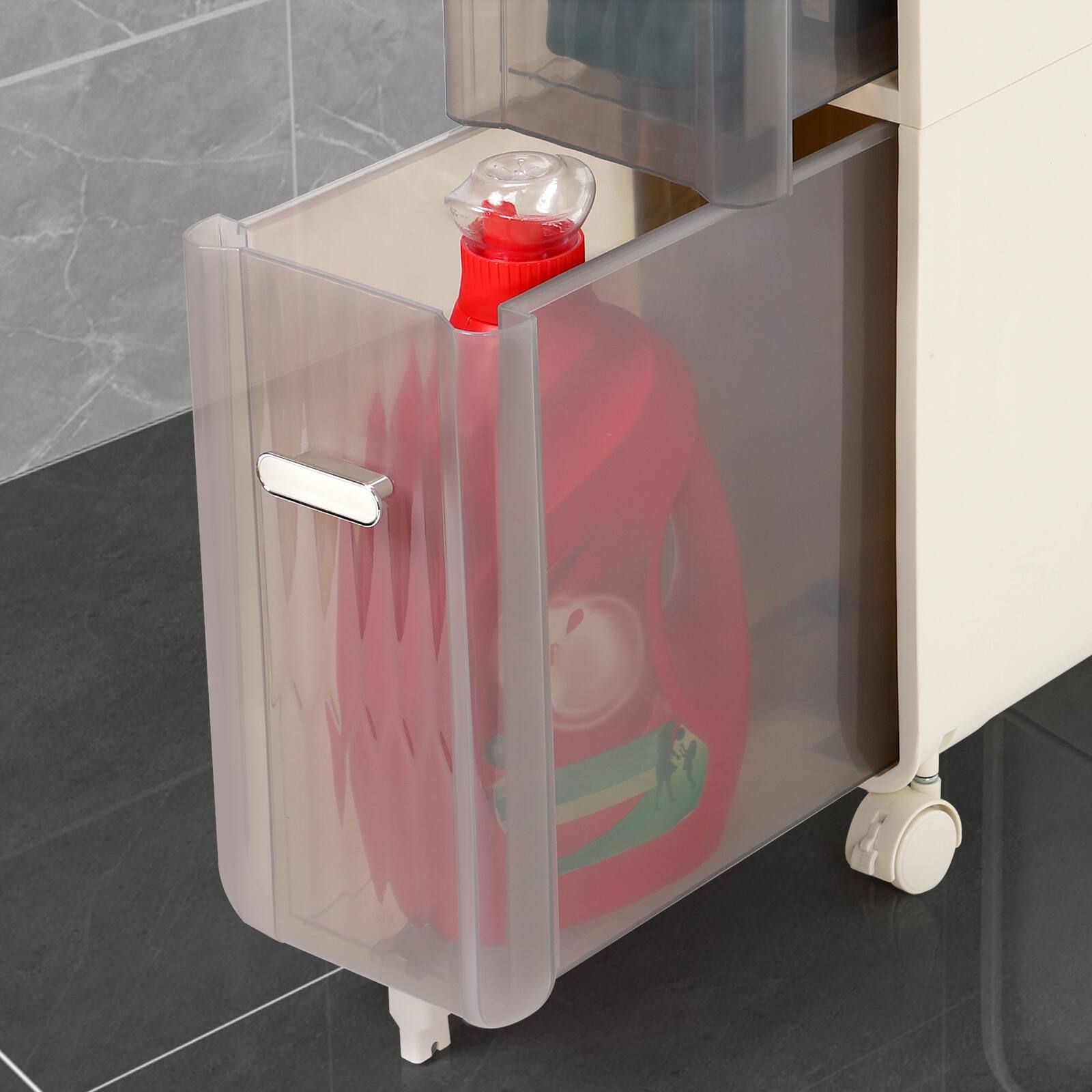 Alt View 2. Oumilen - White 3-Tier Narrow Rolling Storage Cart with Transparent Drawers - White.