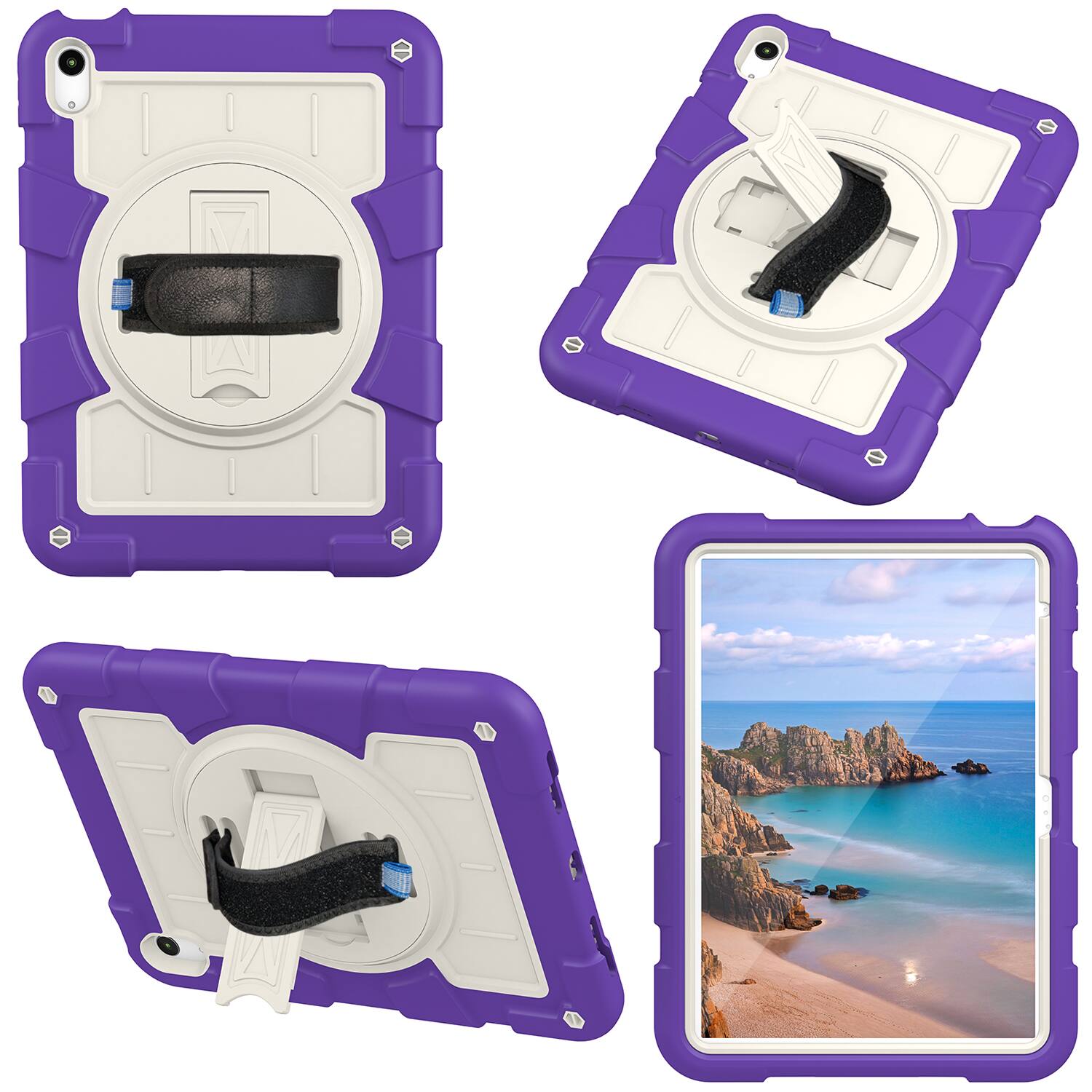 Left. Dteck - Heavy Duty Rugged Case for Apple iPad (A16) 11" 2025 & iPad 10.9" (10th Gen 2022),With Built-in Kickstand+Shoulder Strap - Purple.