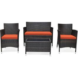 Pefilos - 4 Pieces Padded Outdoor Rattan Sofa Set, Wicker Furniture Sets, Patio Conversation Sets with Glass Coffee Table - Orange