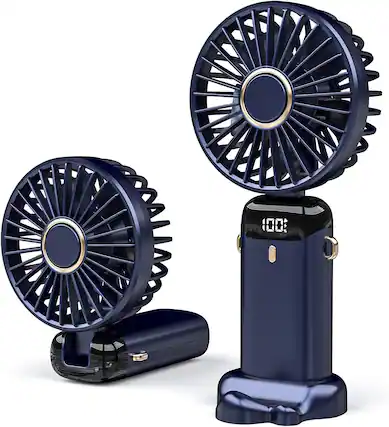 Front. Cluzine - Navy Blue Handheld Portable Fan with 5 Speeds, Aromatherapy, 3000mAh Battery, USB Charging.