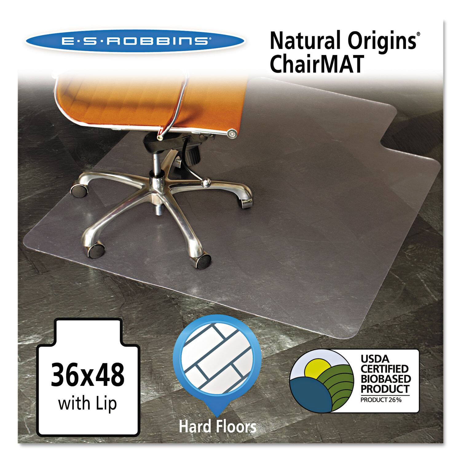 E.S. Robbins Natural Origins ChairMAT  
36x48 with Lip  
Hard Floors  
USDA Certified Biobased Product 26%