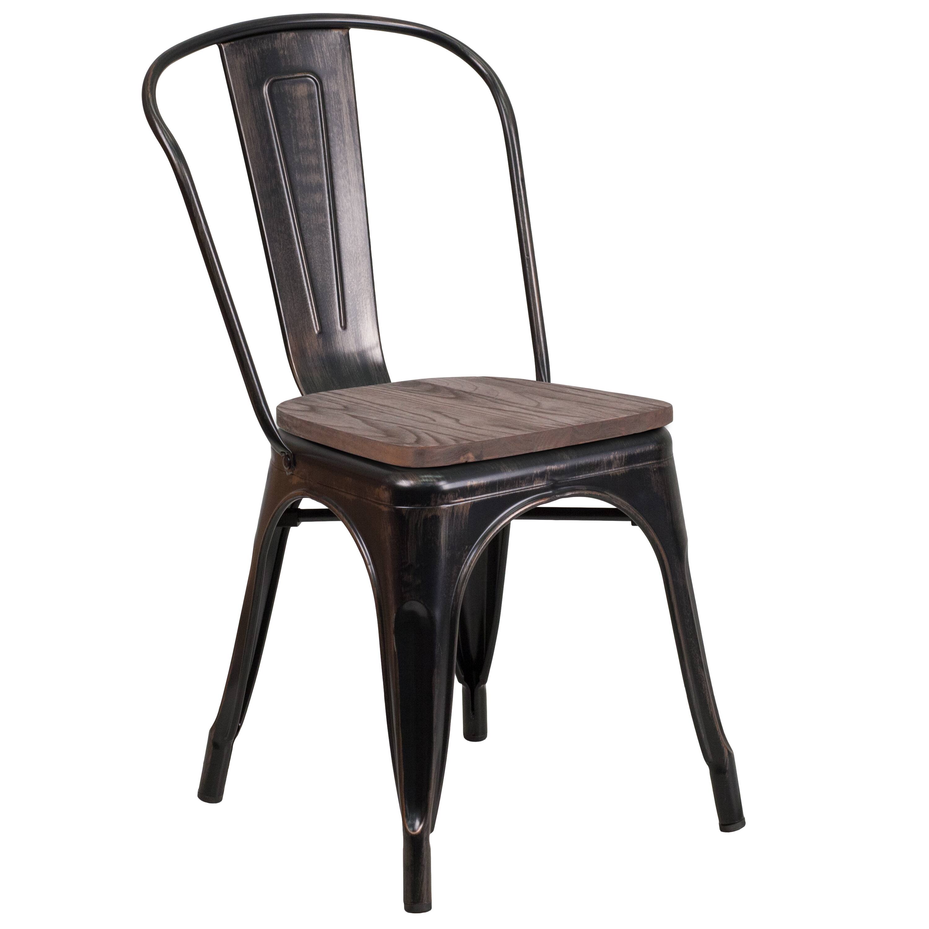Alt View 1. Emma + Oliver - Colorful Metal Stackable Dining Chair with Wood Seat - Black-Antique Gold.