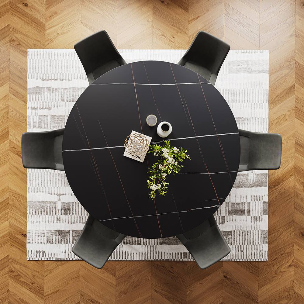 Alt View 6. POVISON - 59" Modern Black Round Dining Table for 6, Matte Sintered Stone Tabletop, Black Carbon Steel Base - Matte Black Sintered Stone & Black Steel Base.