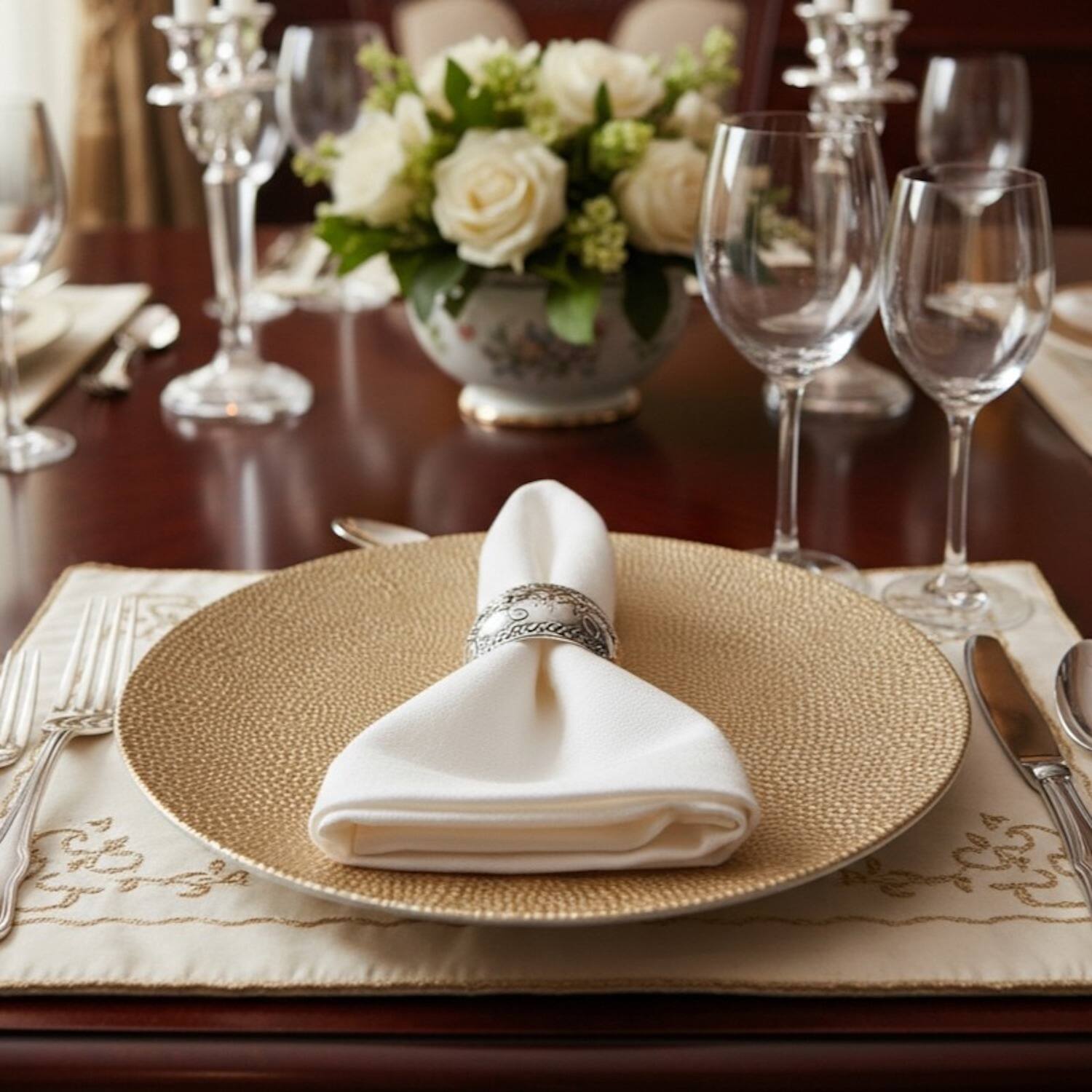 Left. American Atelier - Phoenix Gold Plated Set of 4 Charger Plates 13"D - Gold.