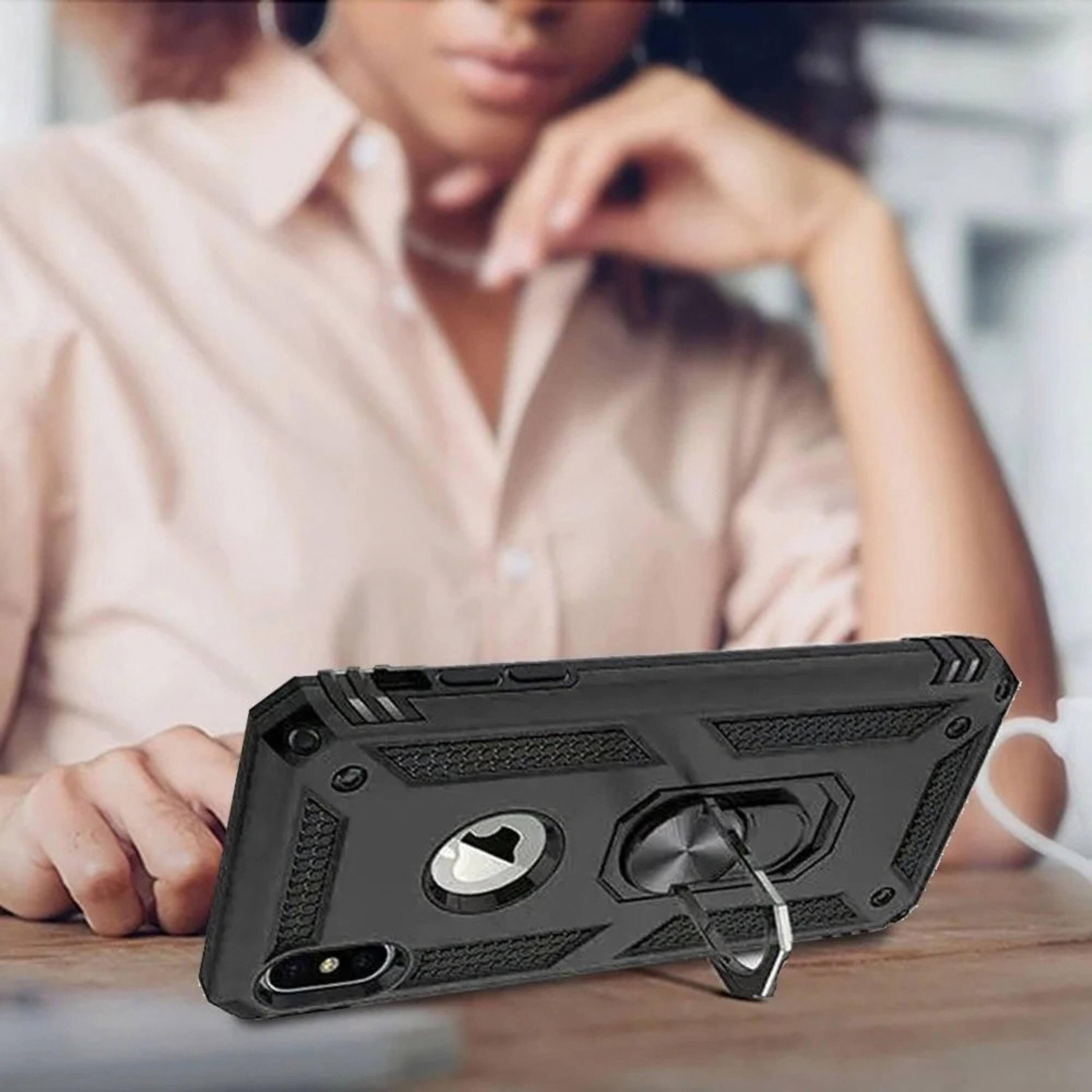 Angle. Kitcheniva - Rugged Ring Kickstand Protective Phone Case With Tempered Glass For iPhone XR Blue - Blue.