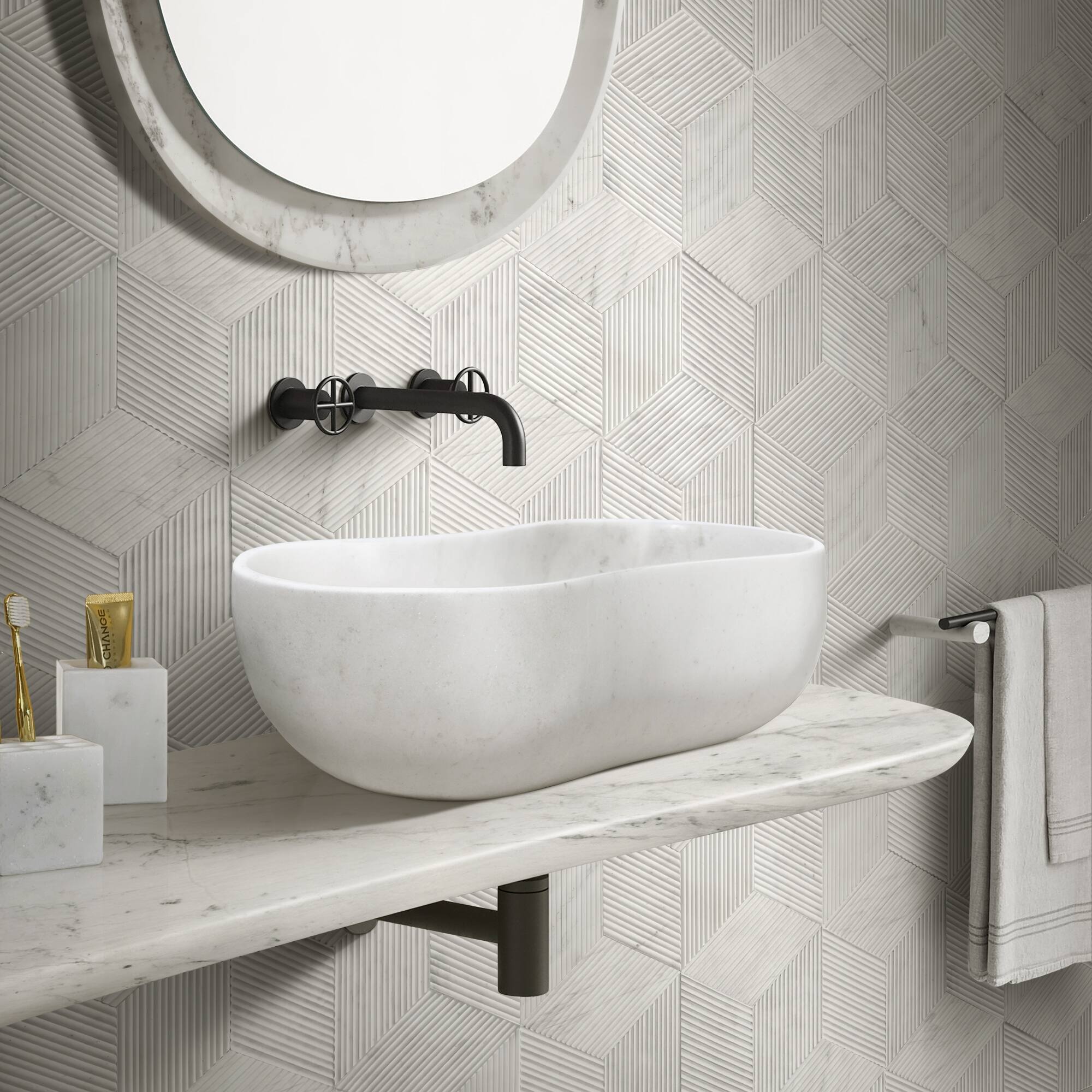 Alt View 1. ELEMENT ACE - Natural Marble Bathroom Vessel Sink with Semi-Polished Surface and Elegant Wavy Design for Modern Spaces - White+Natural.
