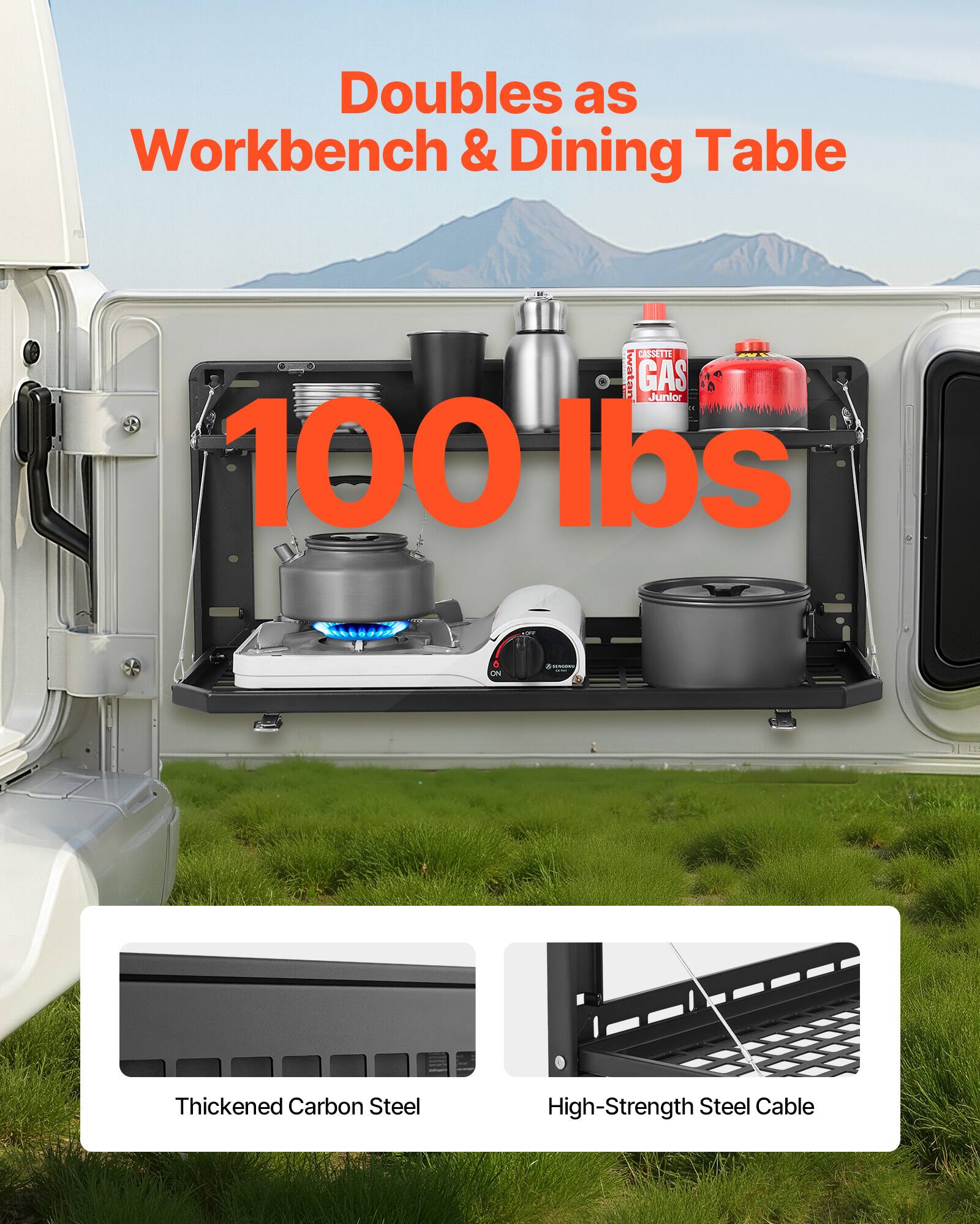 Doubles as Workbench & Dining Table

100 lbs

Thickened Carbon Steel

High-Strength Steel Cable