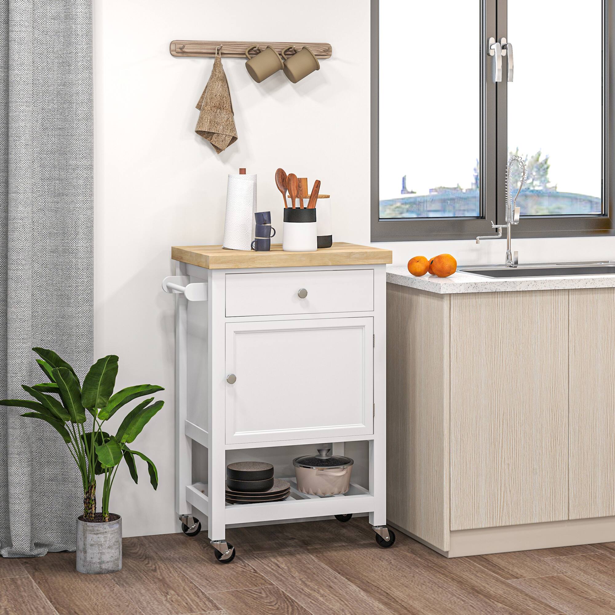 Alt View 1. Homcom - Island on Wheels, Rolling Kitchen Cart with Rubberwood Top, Drawer - White.