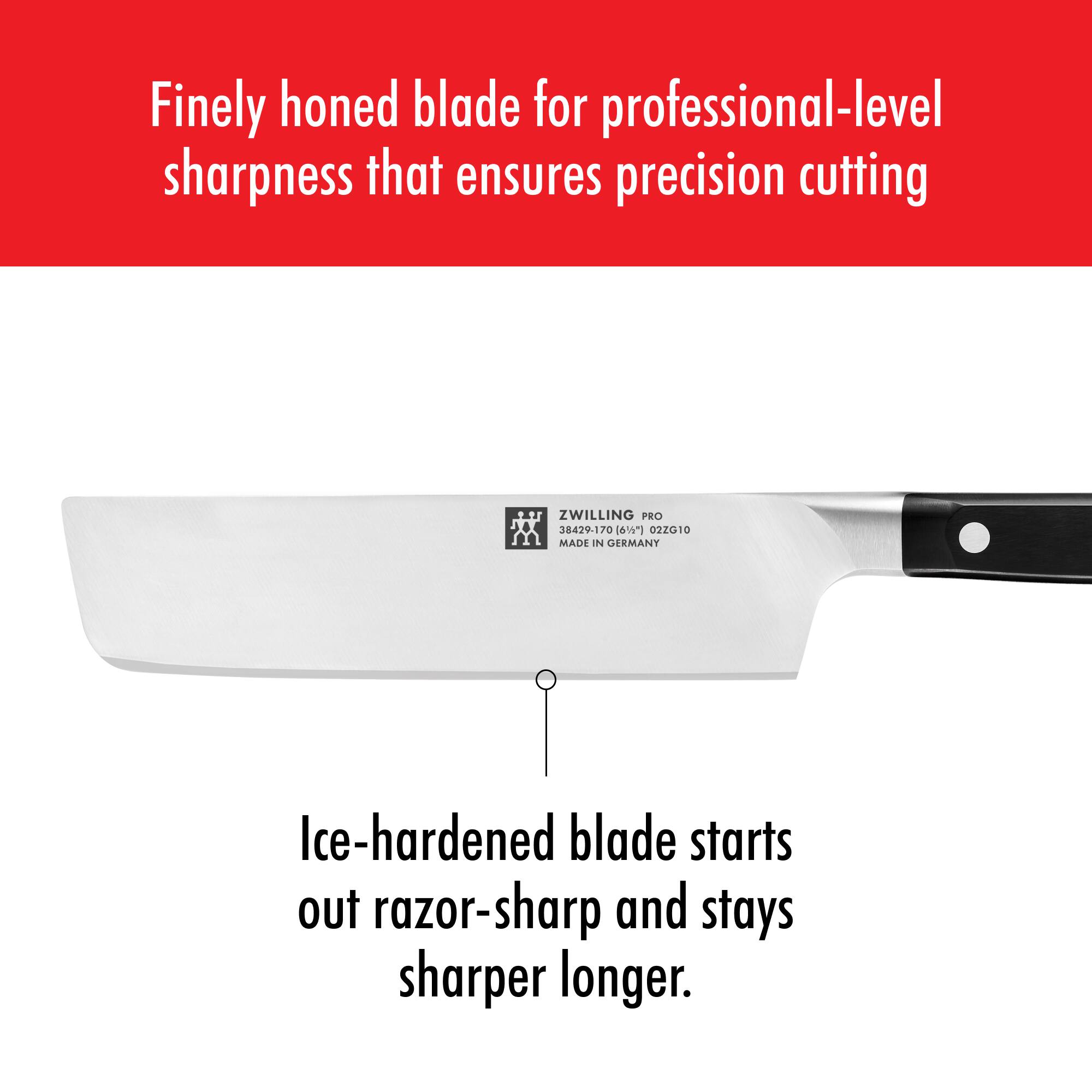 Finely honed blade for professional-level sharpness that ensures precision cutting.

Ice-hardened blade starts out razor-sharp and stays sharper longer.

ZWILLING PRO  
3 38429-170 (616") 022010  
MADE IN GERMANY